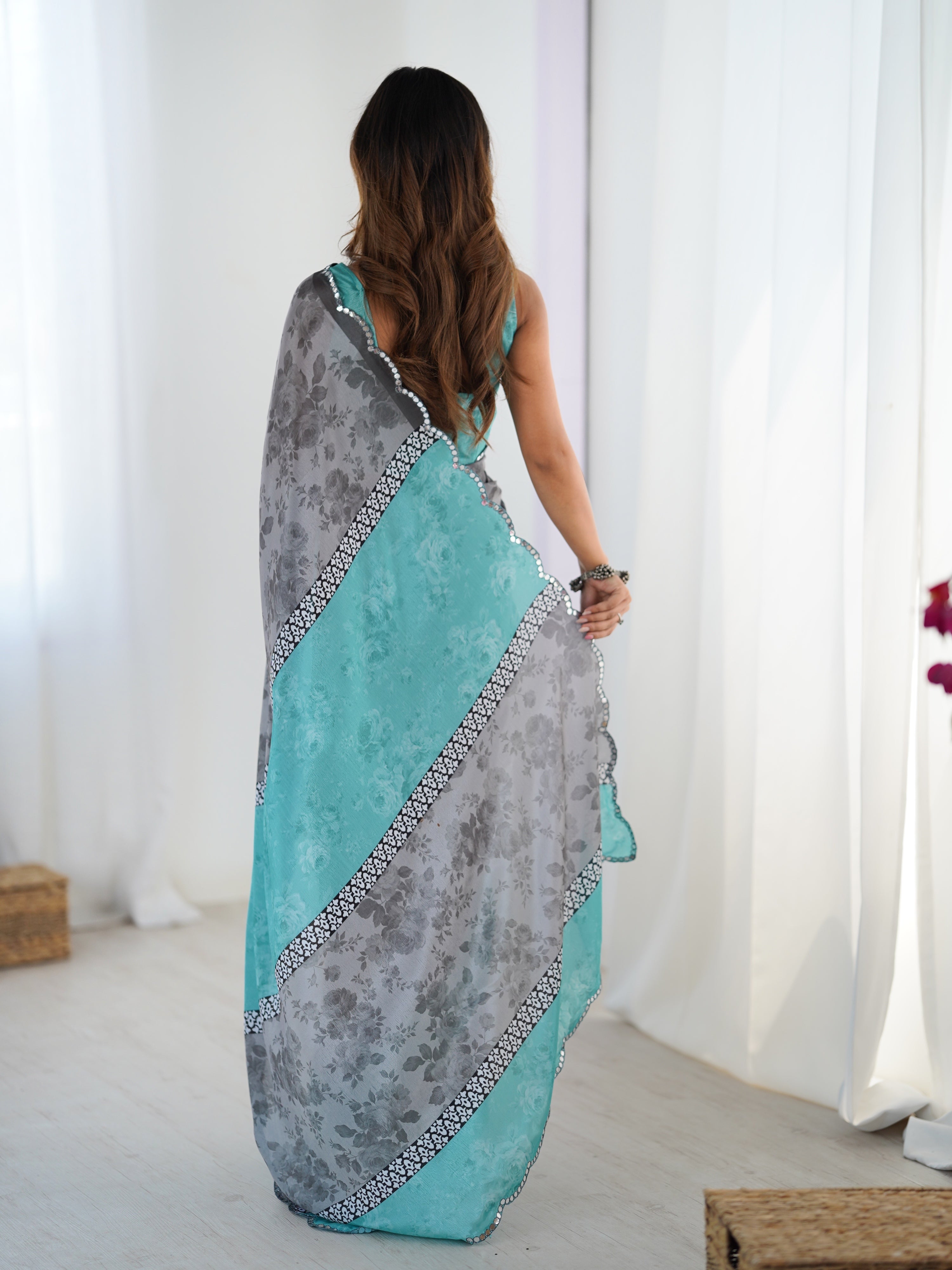 Jyoti Fashion Women's Grey Chinon Digital Printed Designer Saree with Blouse
