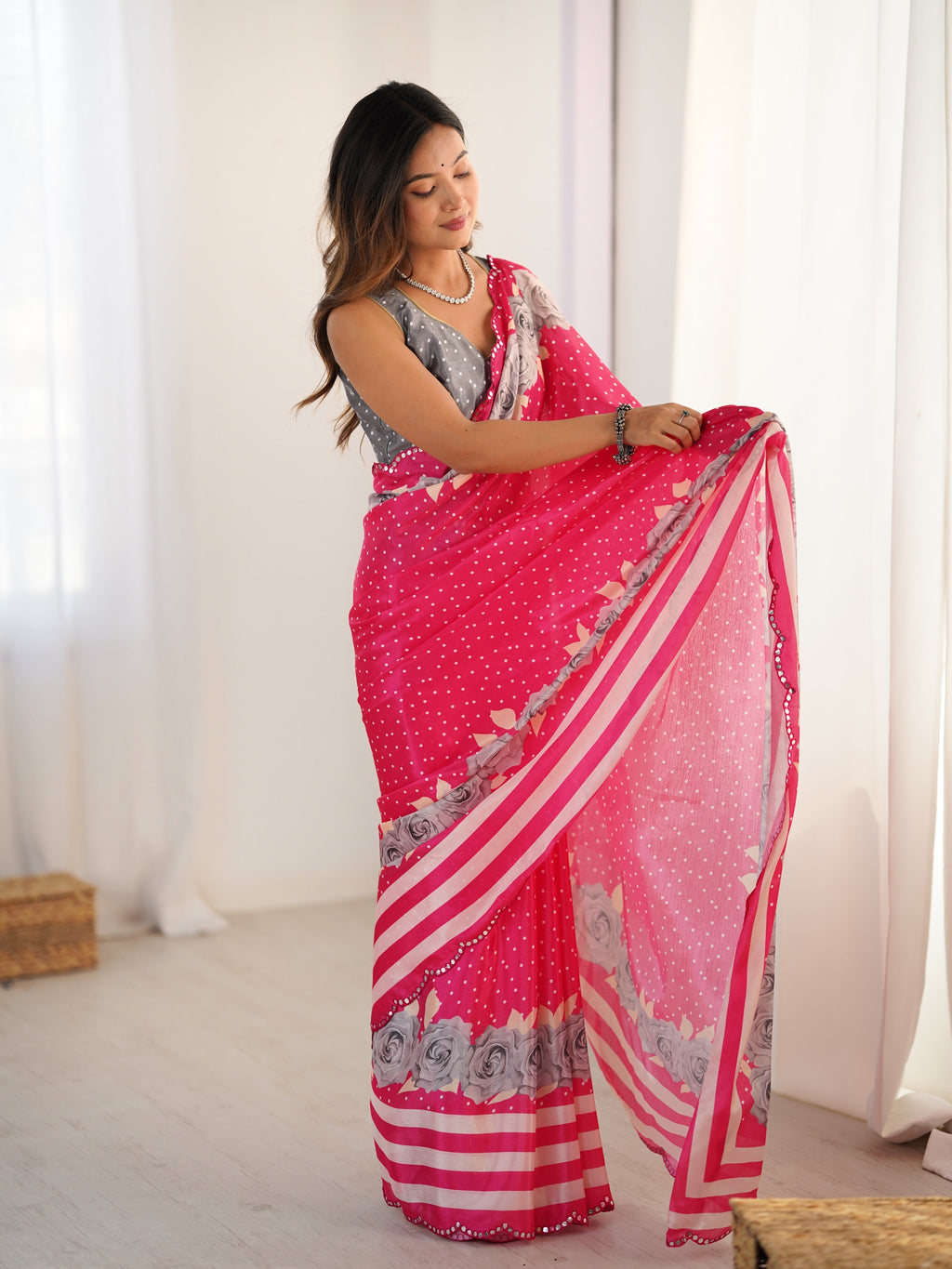 Jyoti Fashion Women's Pink Chinon Digital Printed Designer Saree with Blouse