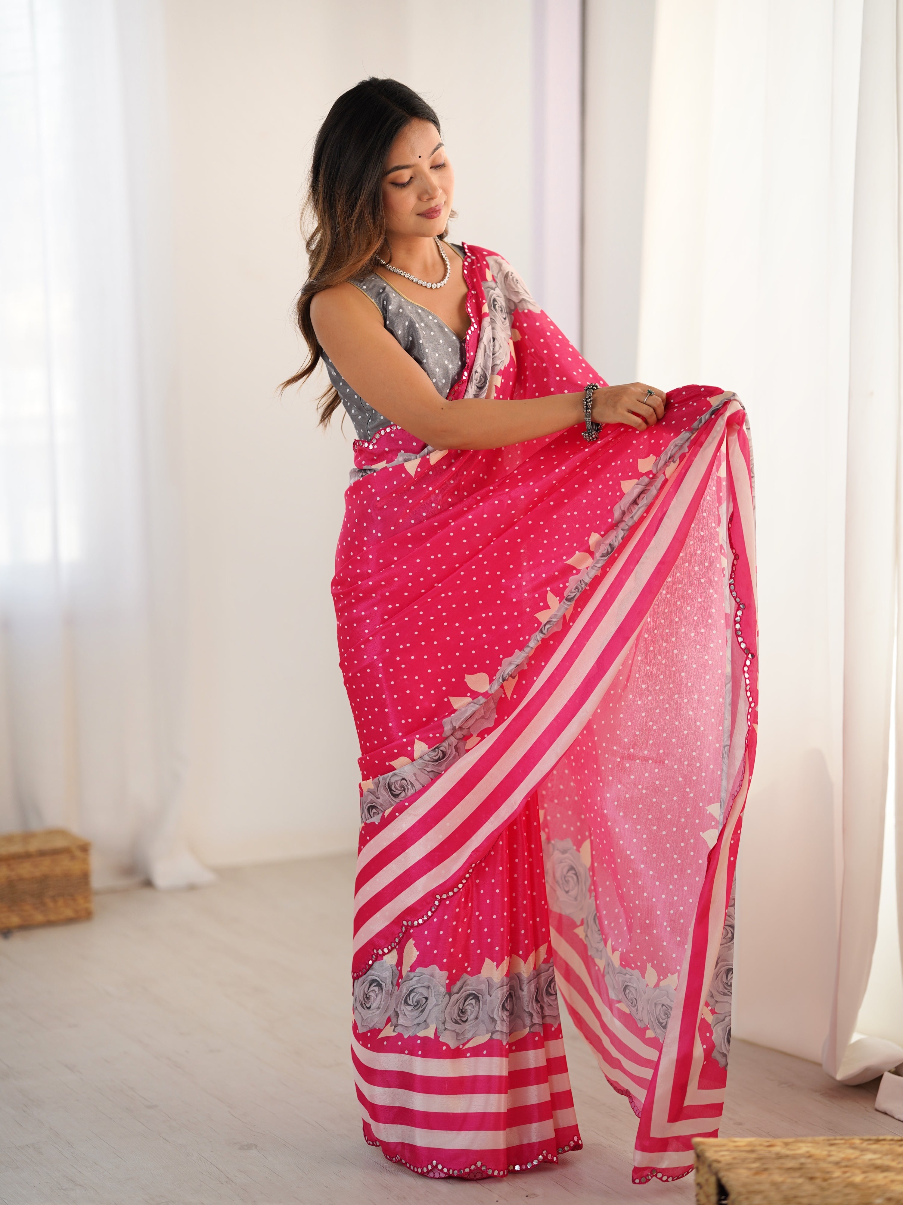 Jyoti Fashion Women's Pink Chinon Digital Printed Designer Saree with Blouse