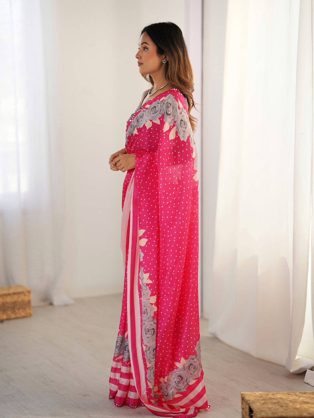 Jyoti Fashion Women's Pink Chinon Digital Printed Designer Saree with Blouse