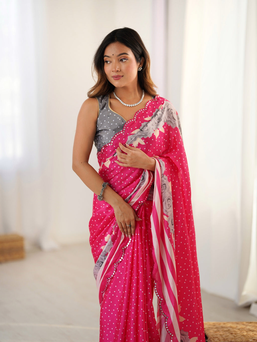 Jyoti Fashion Women's Pink Chinon Digital Printed Designer Saree with Blouse