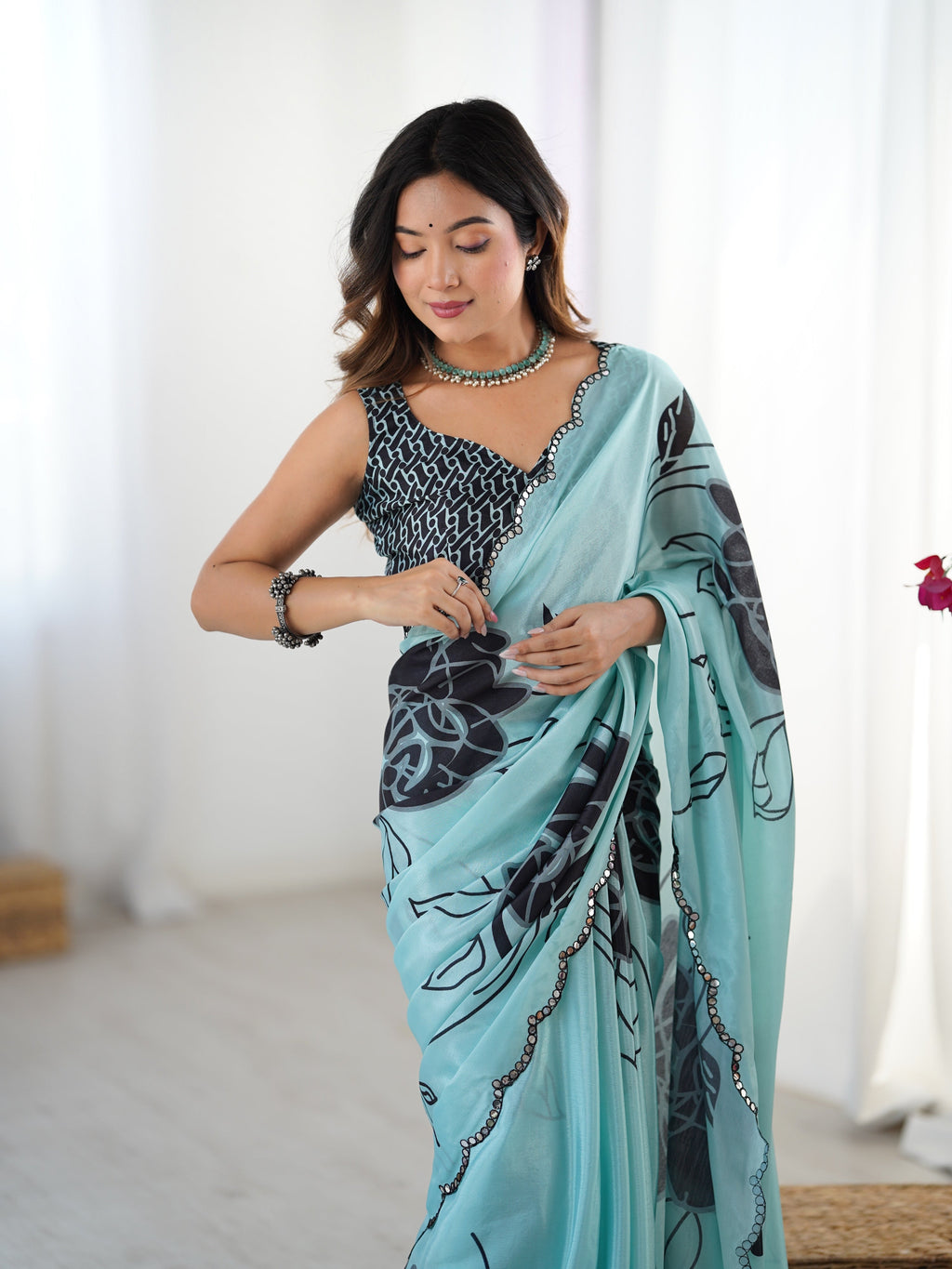 Jyoti Fashion Women's Sea Green Chinon Digital Printed Designer Saree with Blouse