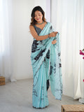 Jyoti Fashion Women's Sea Green Chinon Digital Printed Designer Saree with Blouse