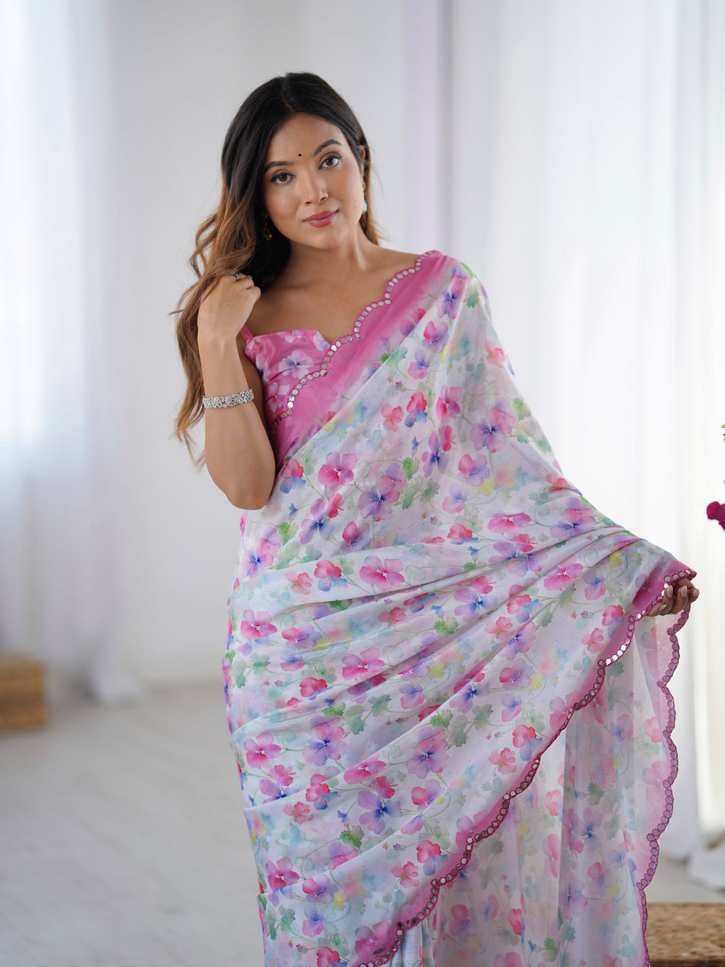 Jyoti Fashion Women's Multicolor Chinon Digital Printed Designer Saree with Blouse