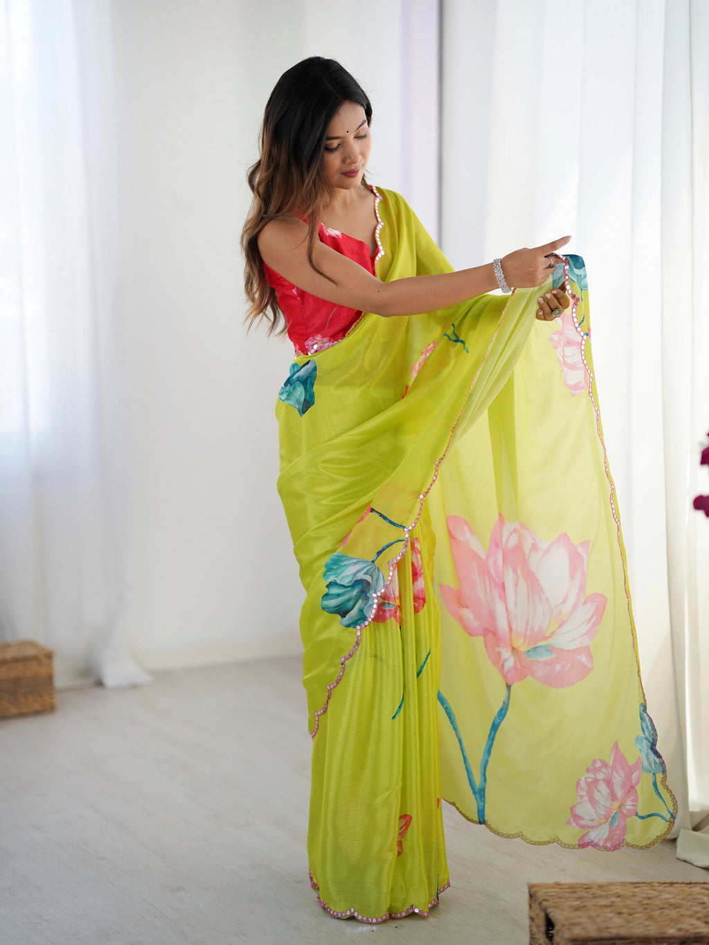 Jyoti Fashion Women's Parrot Green Chinon Digital Printed Designer Saree with Blouse