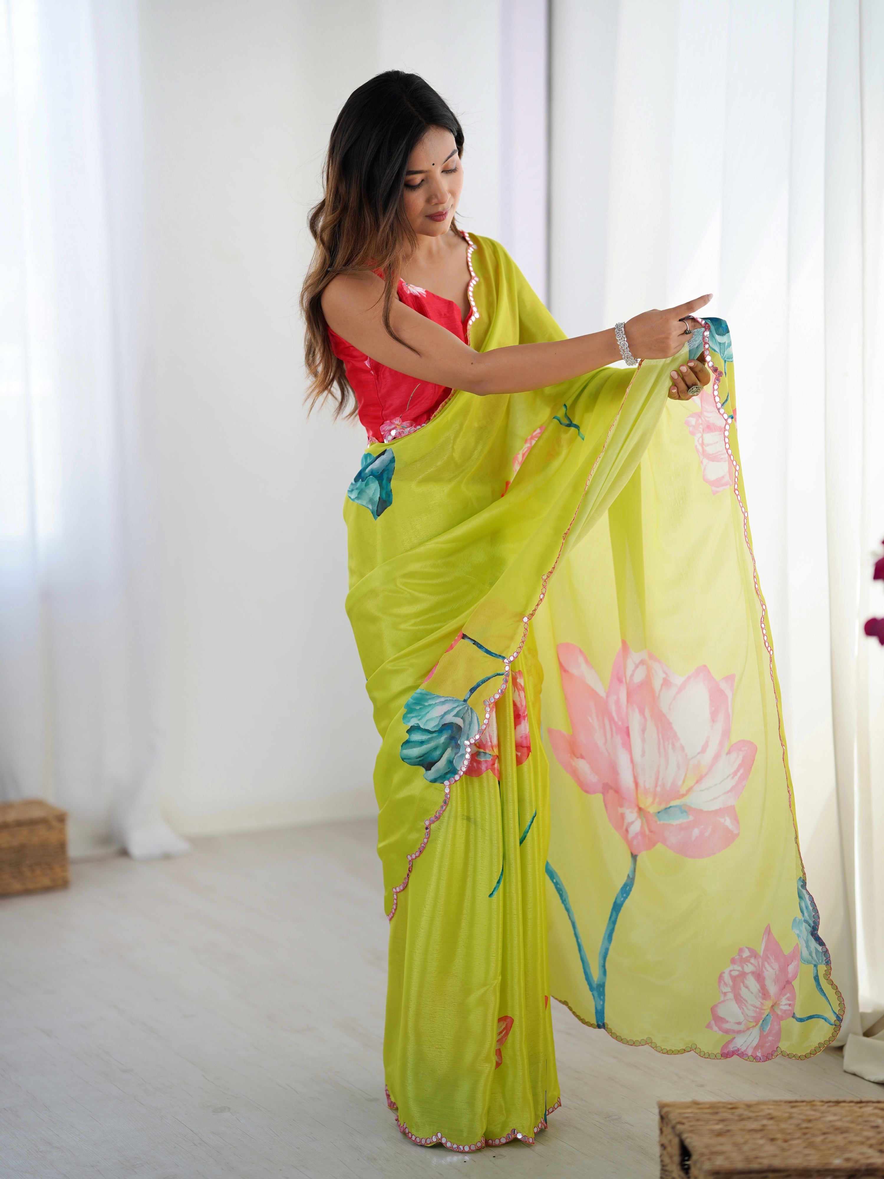 Jyoti Fashion Women's Parrot Green Chinon Digital Printed Designer Saree with Blouse