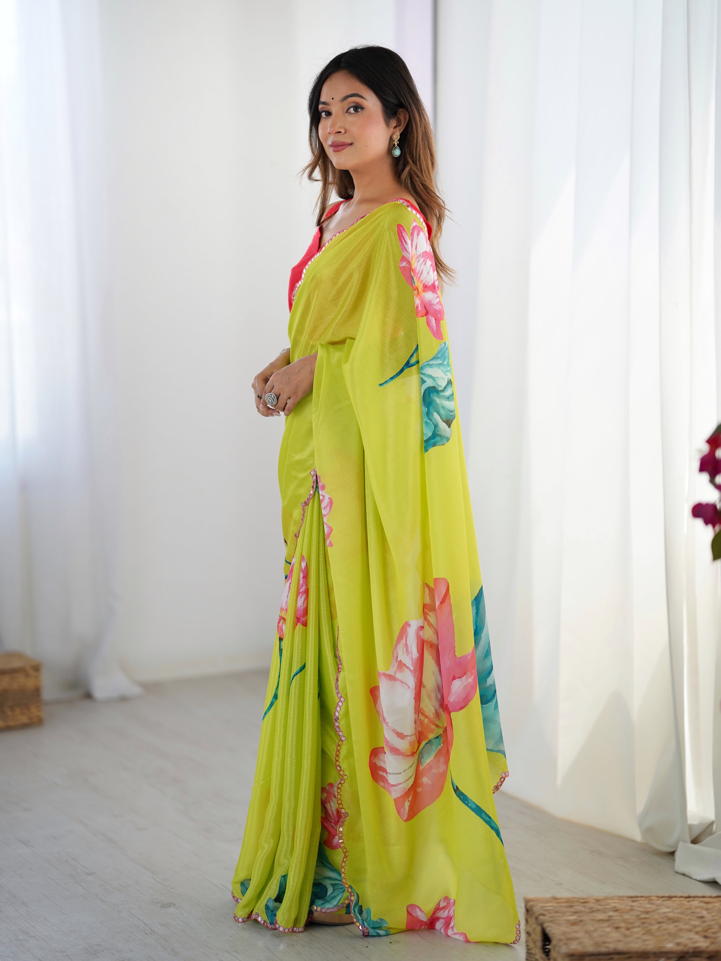 Jyoti Fashion Women's Parrot Green Chinon Digital Printed Designer Saree with Blouse
