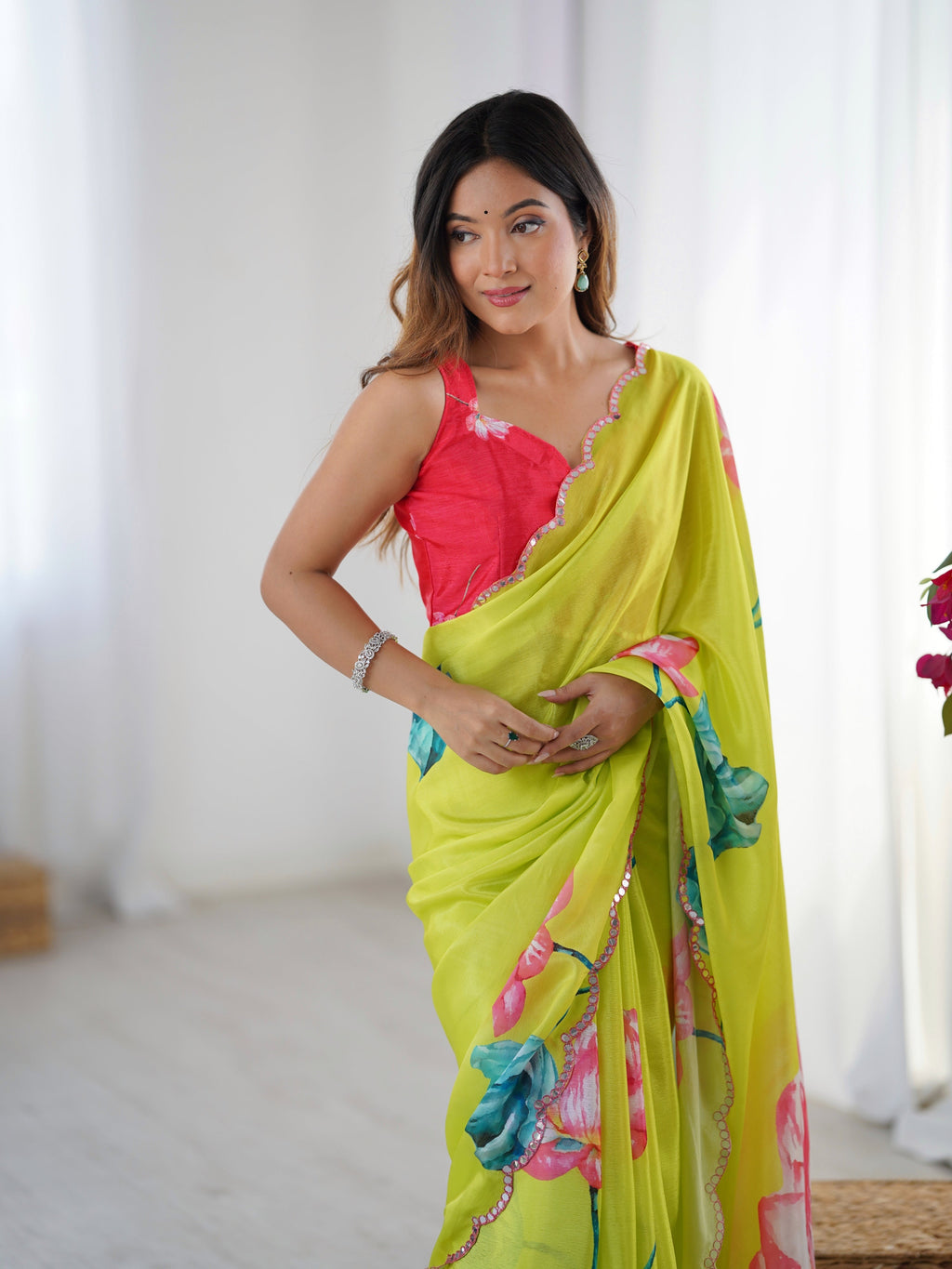 Jyoti Fashion Women's Parrot Green Chinon Digital Printed Designer Saree with Blouse