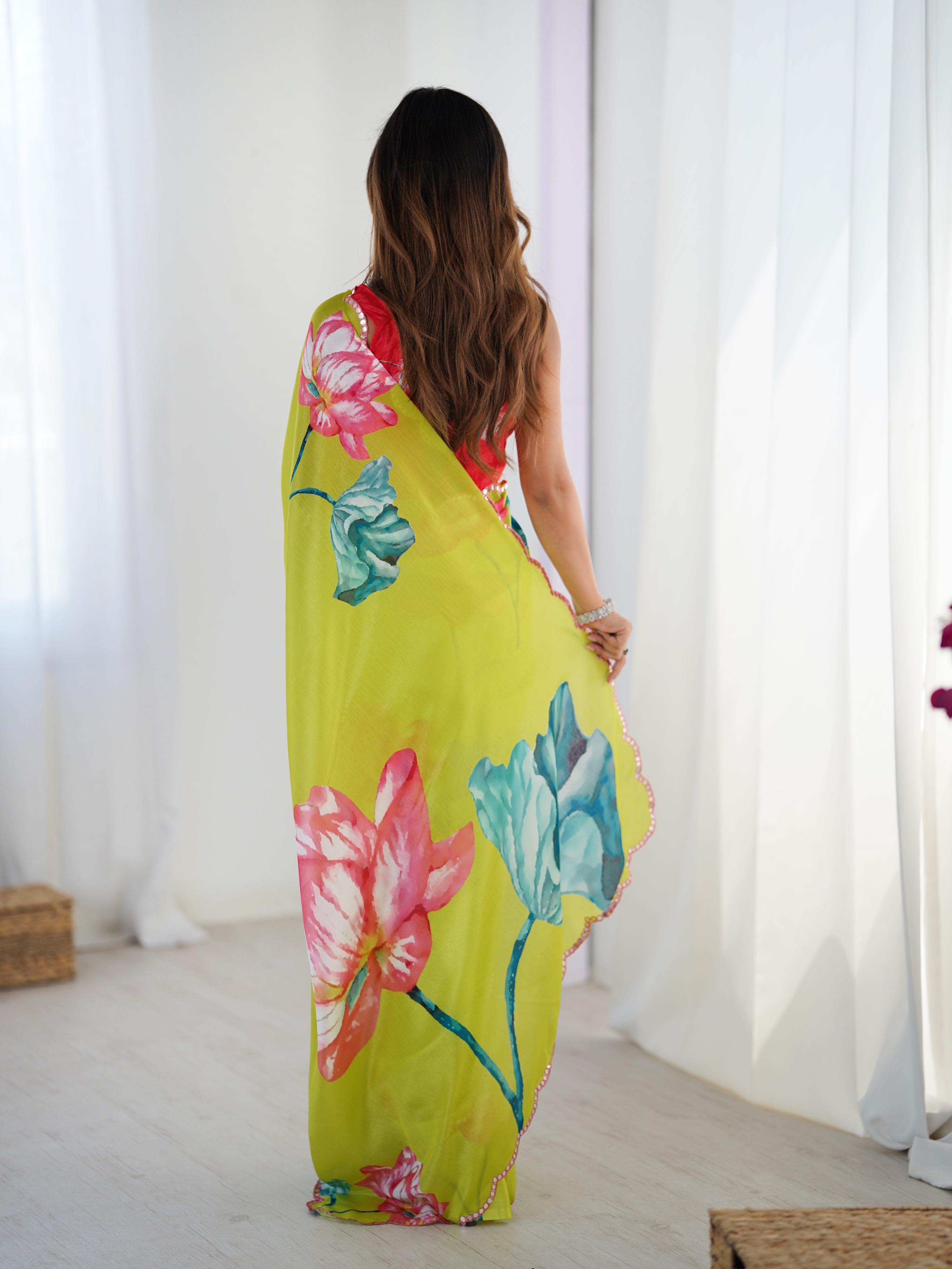Jyoti Fashion Women's Parrot Green Chinon Digital Printed Designer Saree with Blouse