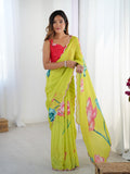 Jyoti Fashion Women's Parrot Green Chinon Digital Printed Designer Saree with Blouse