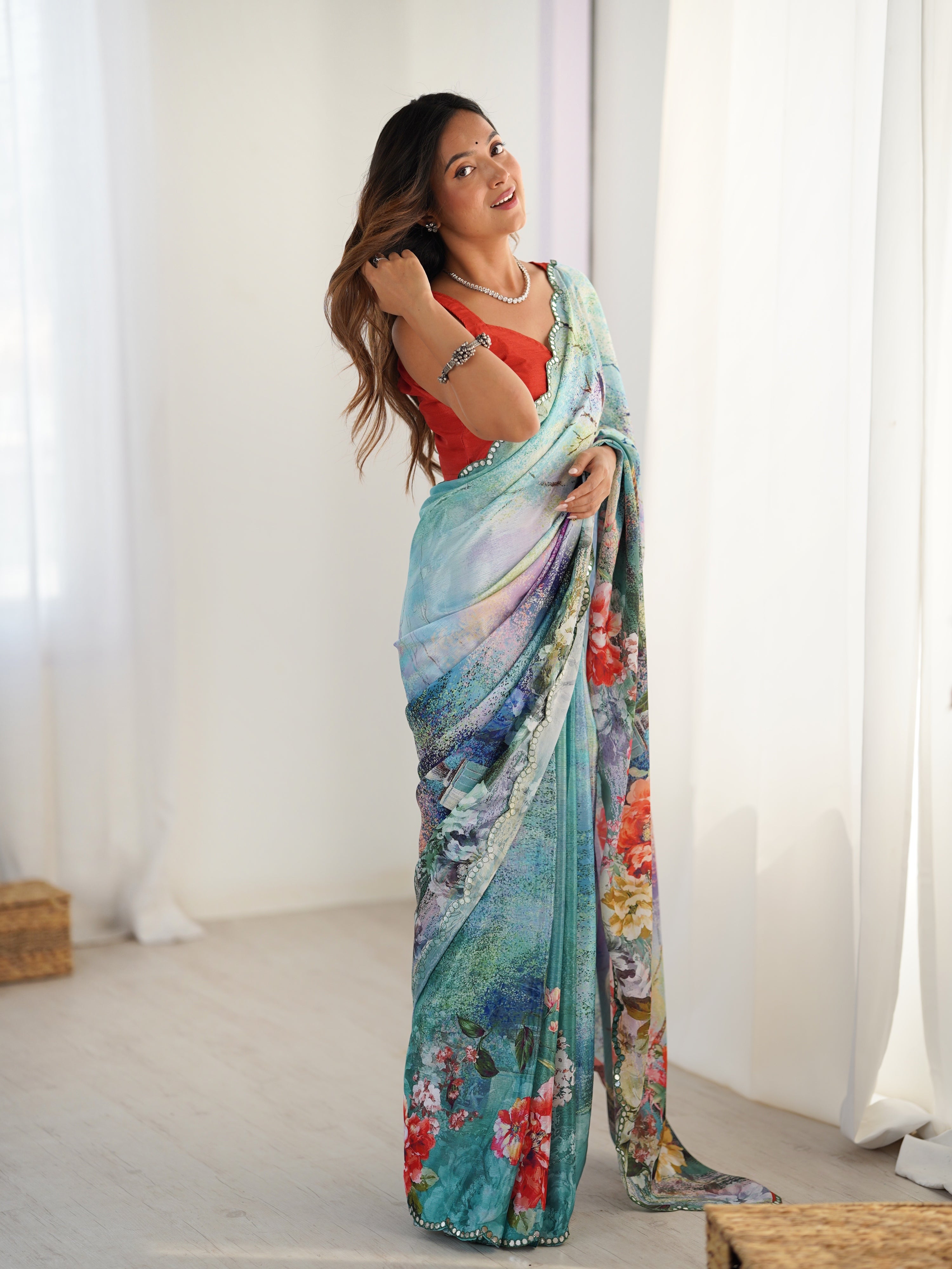 Jyoti Fashion Women's Multicolor Chinon Digital Printed Designer Saree with Blouse