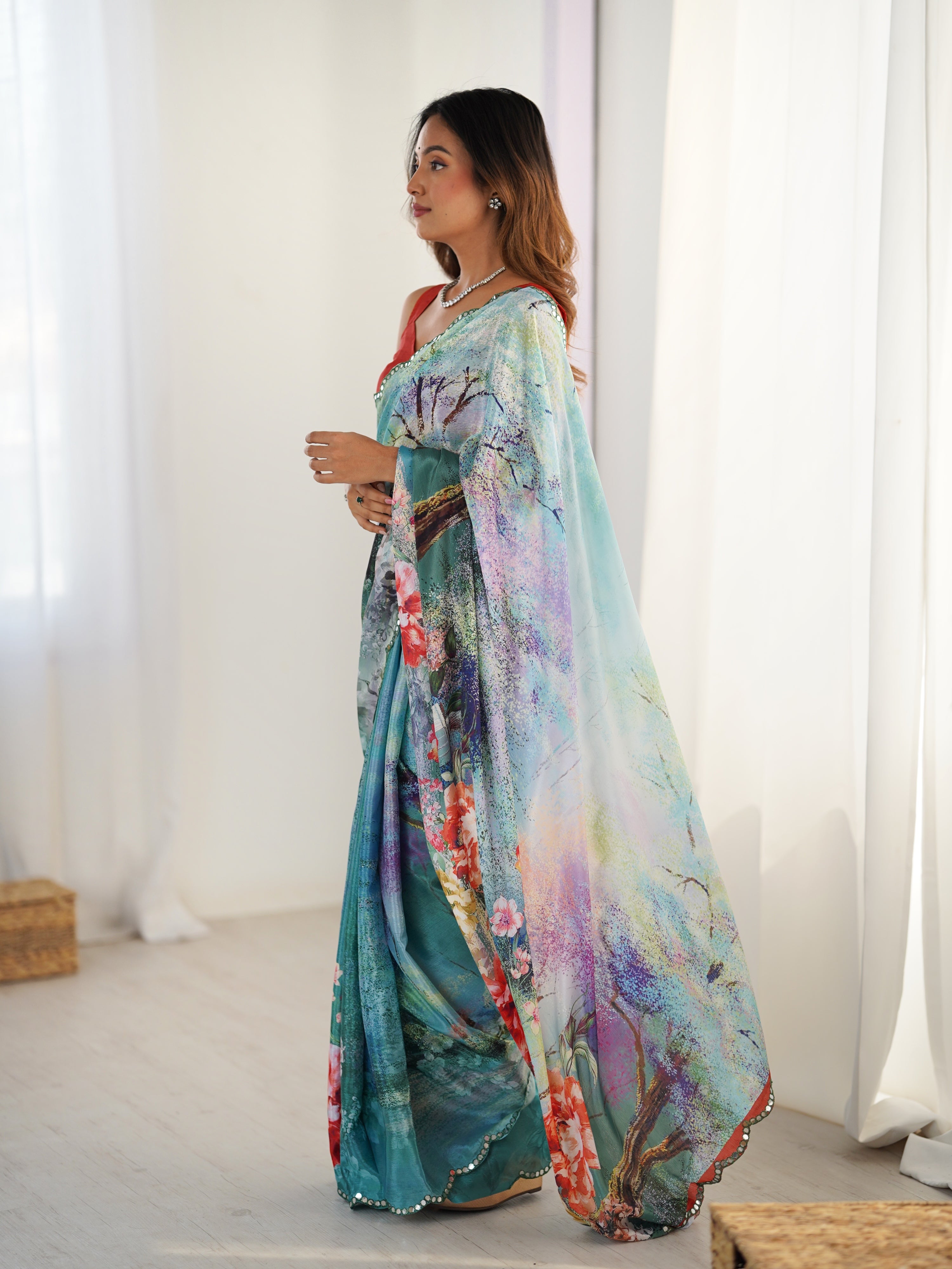 Jyoti Fashion Women's Multicolor Chinon Digital Printed Designer Saree with Blouse