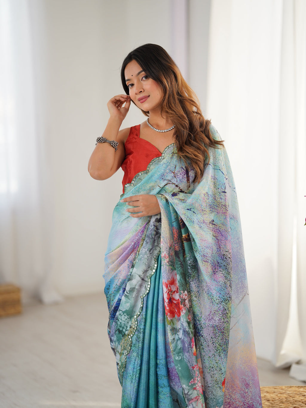 Jyoti Fashion Women's Multicolor Chinon Digital Printed Designer Saree with Blouse