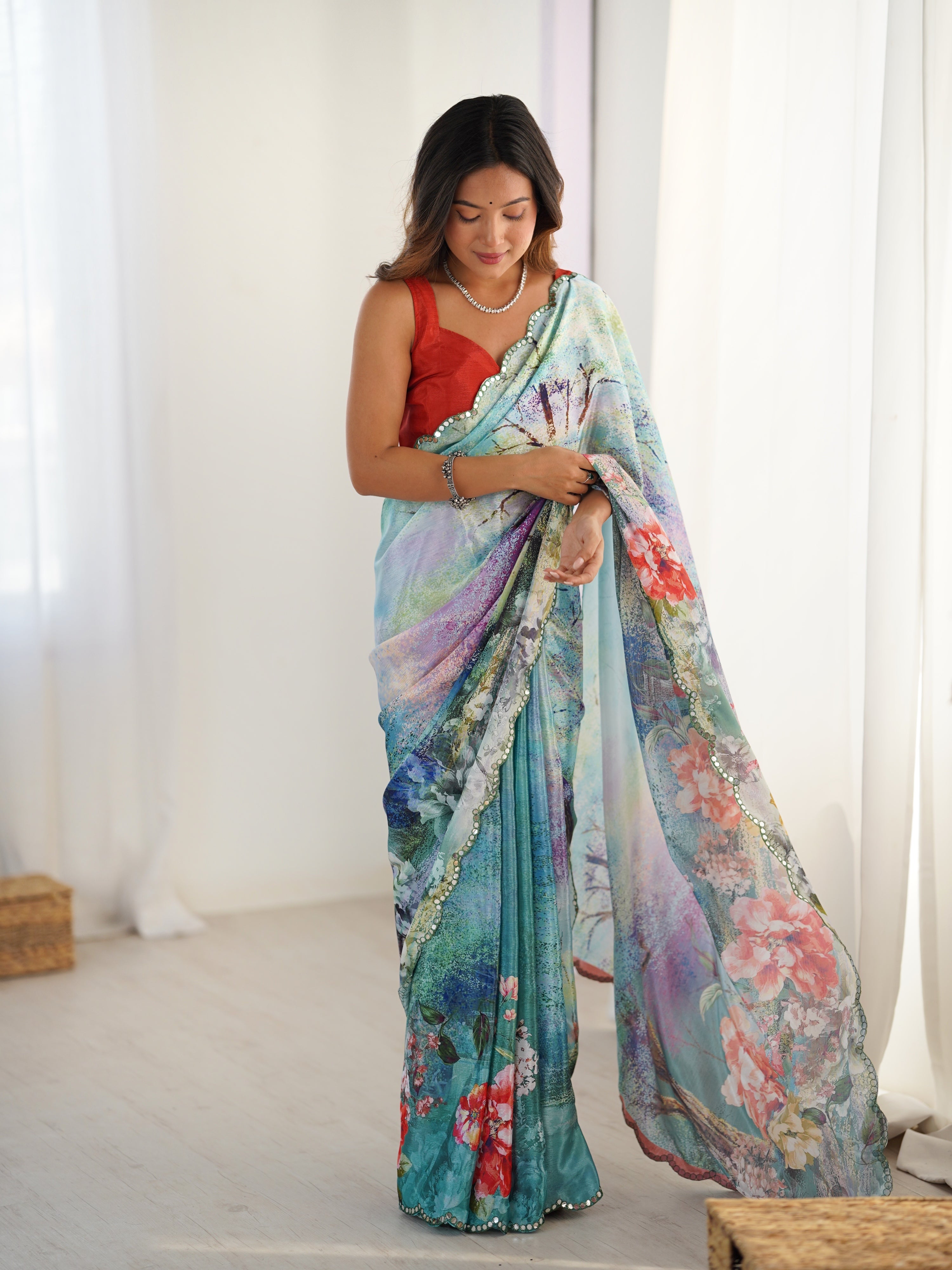 Jyoti Fashion Women's Multicolor Chinon Digital Printed Designer Saree with Blouse