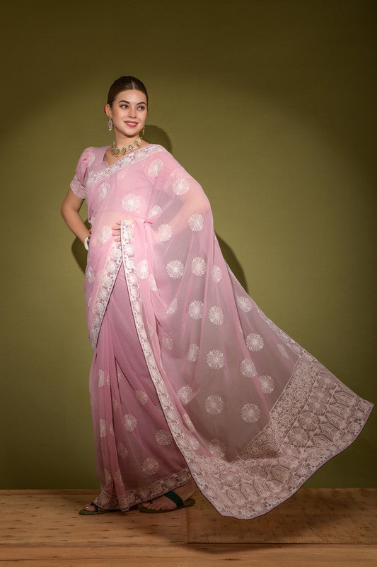 Jyoti Fashion Women's Purple Lakhnavi Thread work Georgette Saree with Blouse