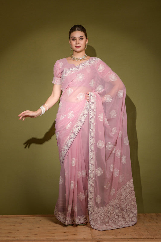 Jyoti Fashion Women's Purple Lakhnavi Thread work Georgette Saree with Blouse