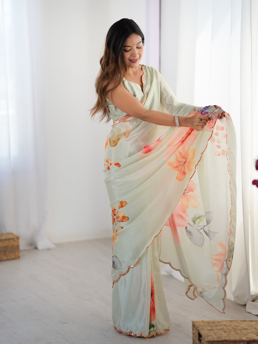 Jyoti Fashion Women's Pista Green Chinon Digital Printed Designer Saree with Blouse