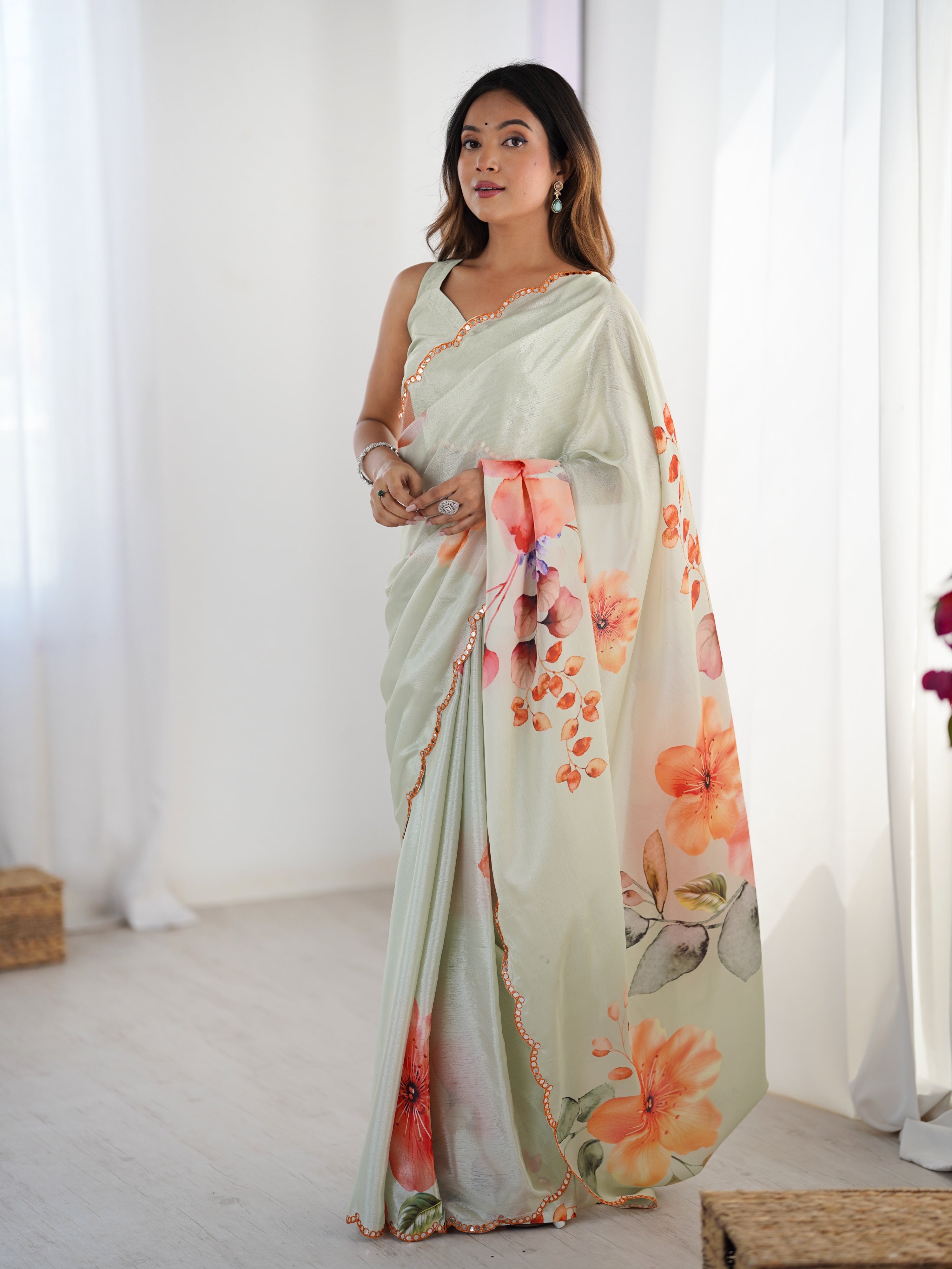 Jyoti Fashion Women's Pista Green Chinon Digital Printed Designer Saree with Blouse