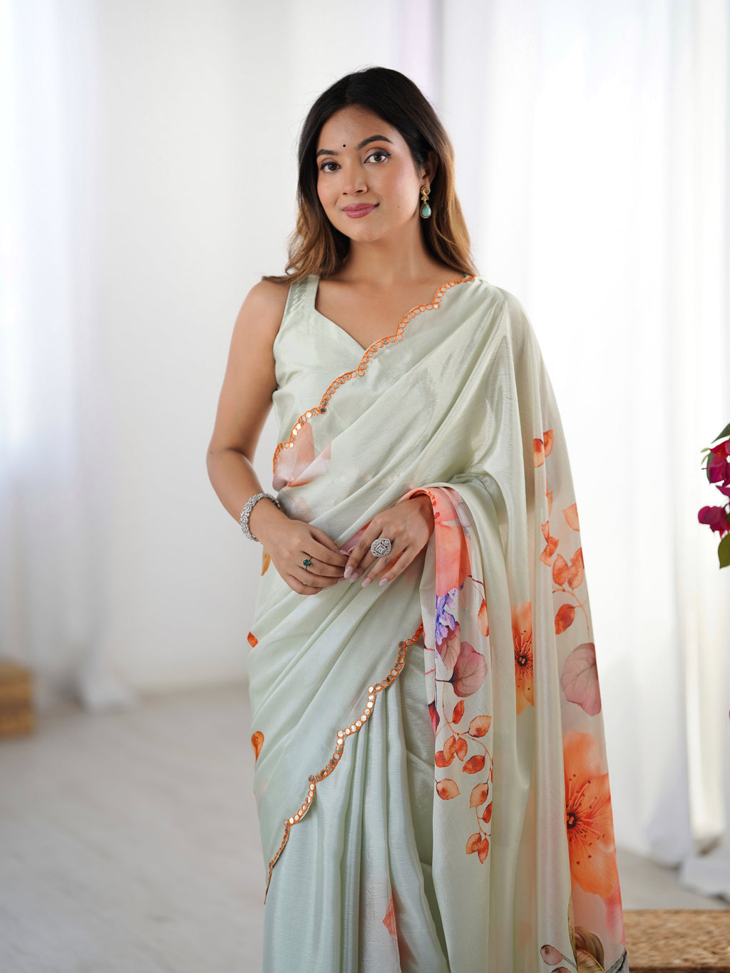 Jyoti Fashion Women's Pista Green Chinon Digital Printed Designer Saree with Blouse