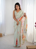 Jyoti Fashion Women's Pista Green Chinon Digital Printed Designer Saree with Blouse