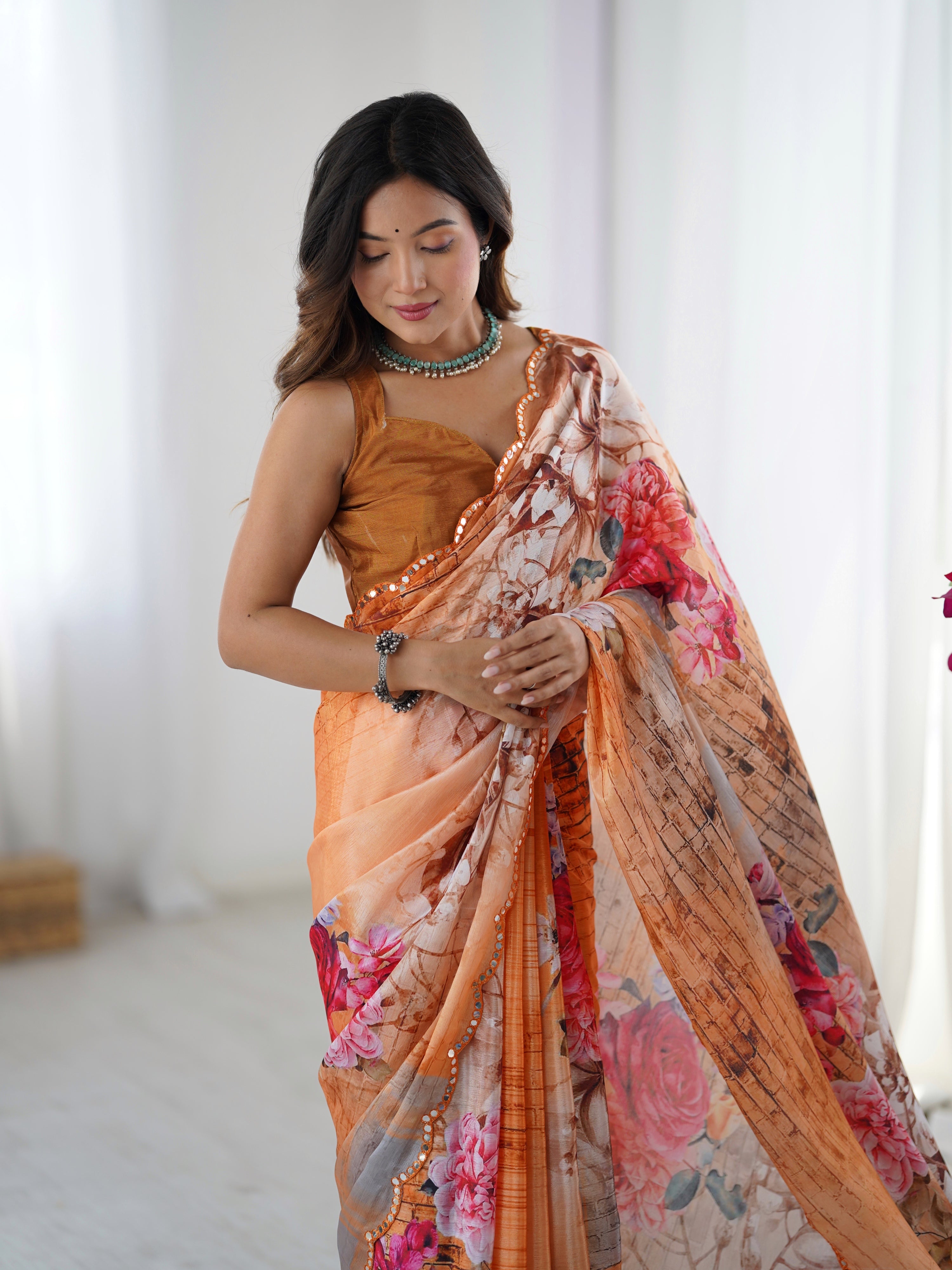 Jyoti Fashion Women's Multicolor Chinon Digital Printed Designer Saree with Blouse