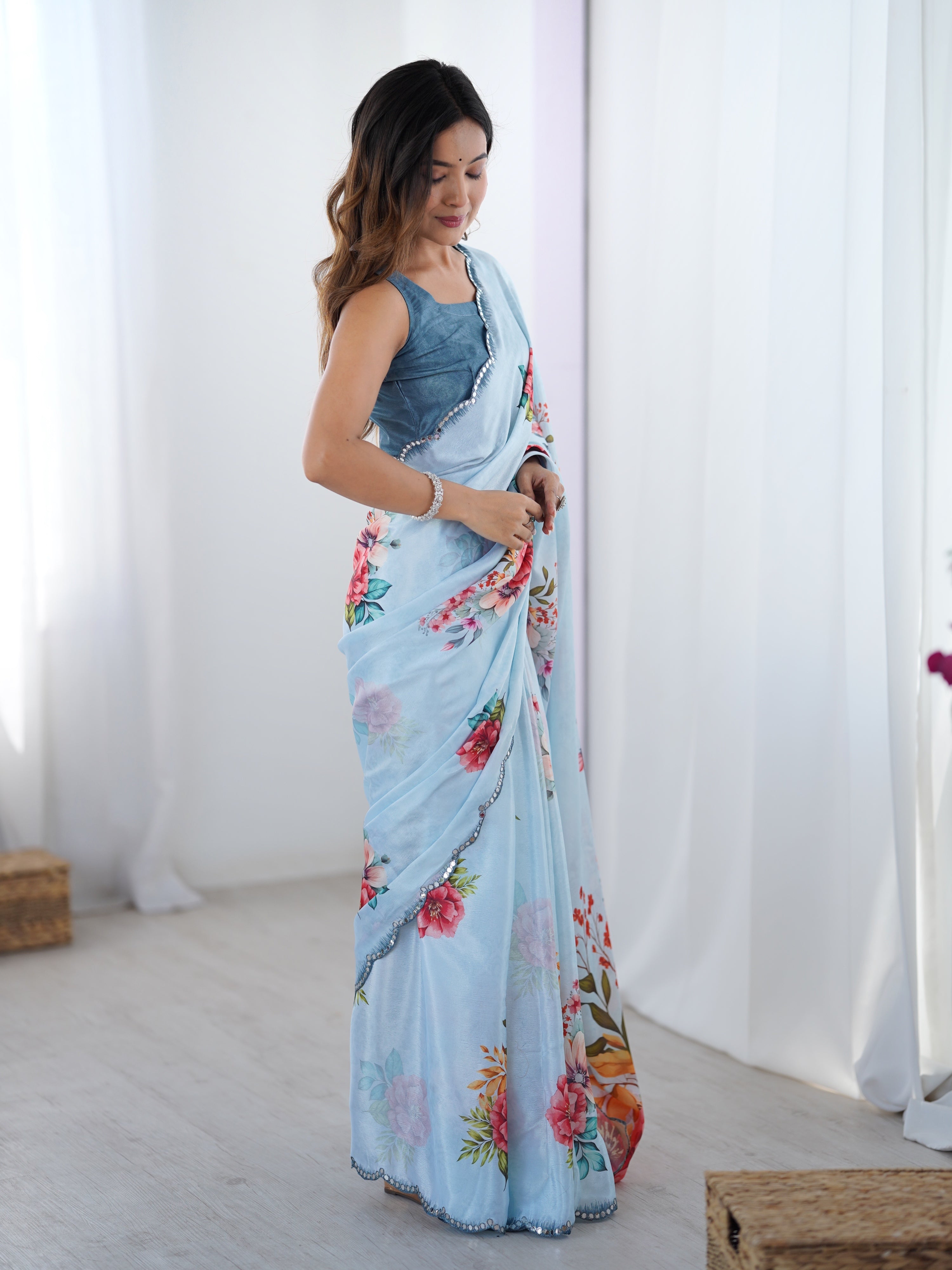 Jyoti Fashion Women's Sky Blue Chinon Digital Printed Designer Saree with Blouse