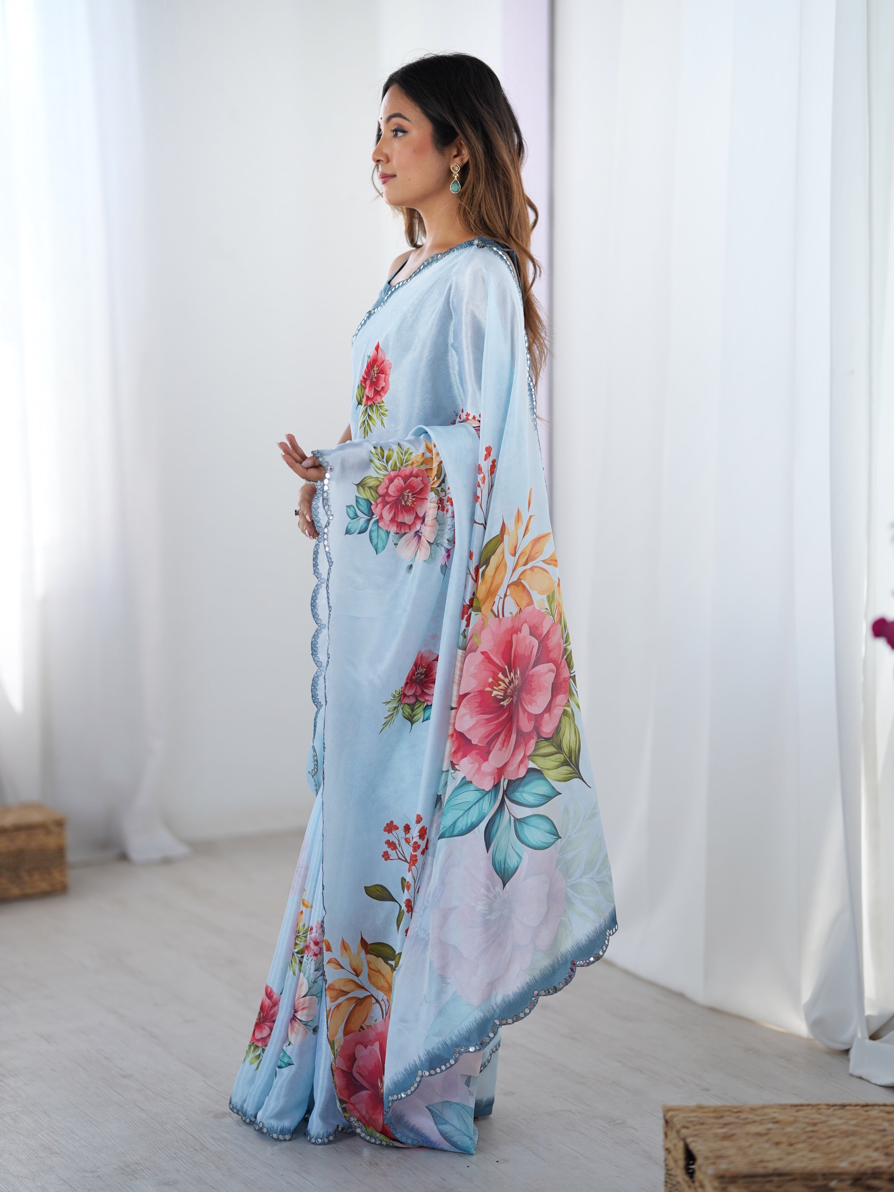 Jyoti Fashion Women's Sky Blue Chinon Digital Printed Designer Saree with Blouse