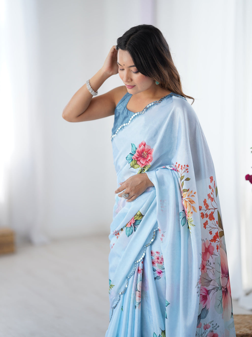 Jyoti Fashion Women's Sky Blue Chinon Digital Printed Designer Saree with Blouse