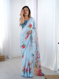 Jyoti Fashion Women's Sky Blue Chinon Digital Printed Designer Saree with Blouse