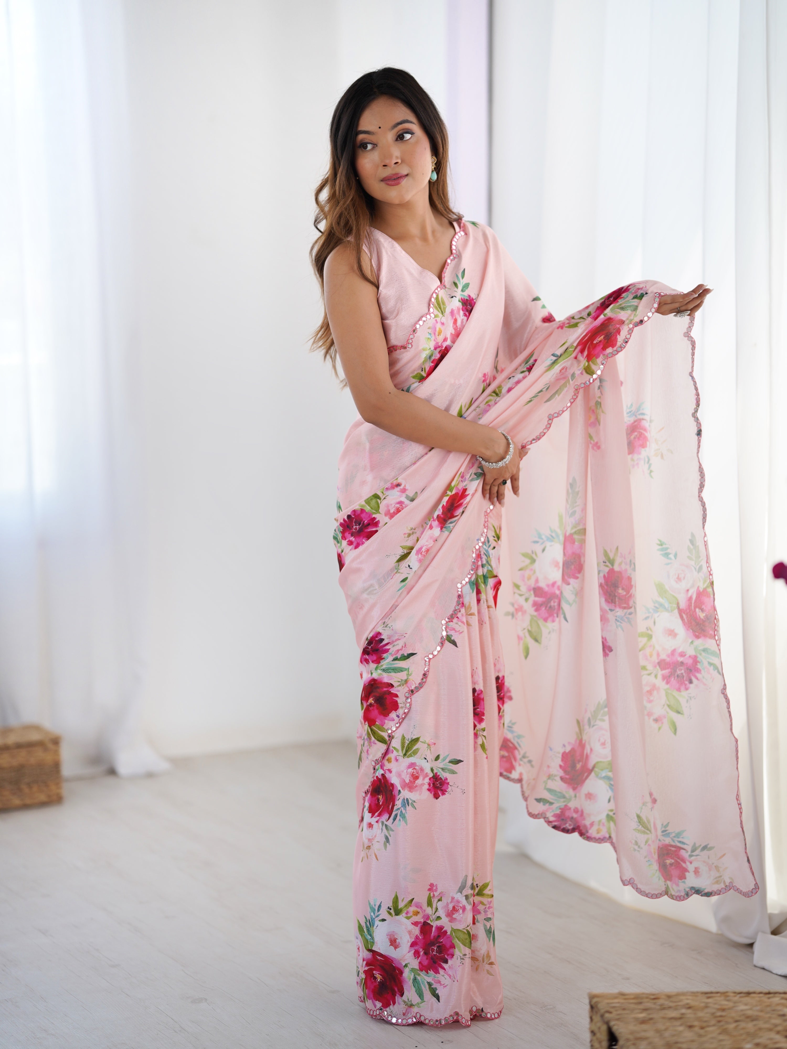 Jyoti Fashion Women's Baby Pink Chinon Digital Printed Designer Saree with Blouse