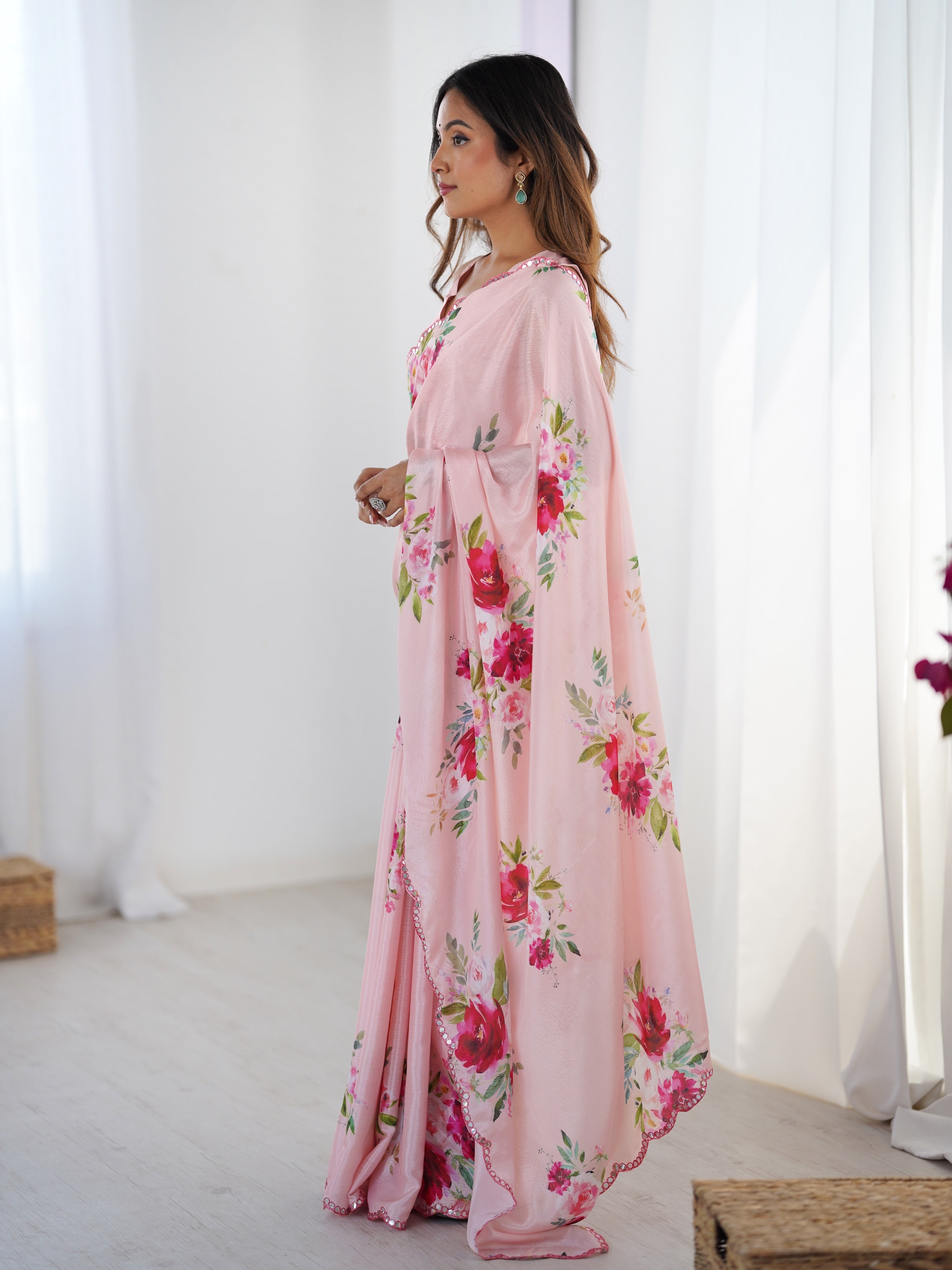 Jyoti Fashion Women's Baby Pink Chinon Digital Printed Designer Saree with Blouse