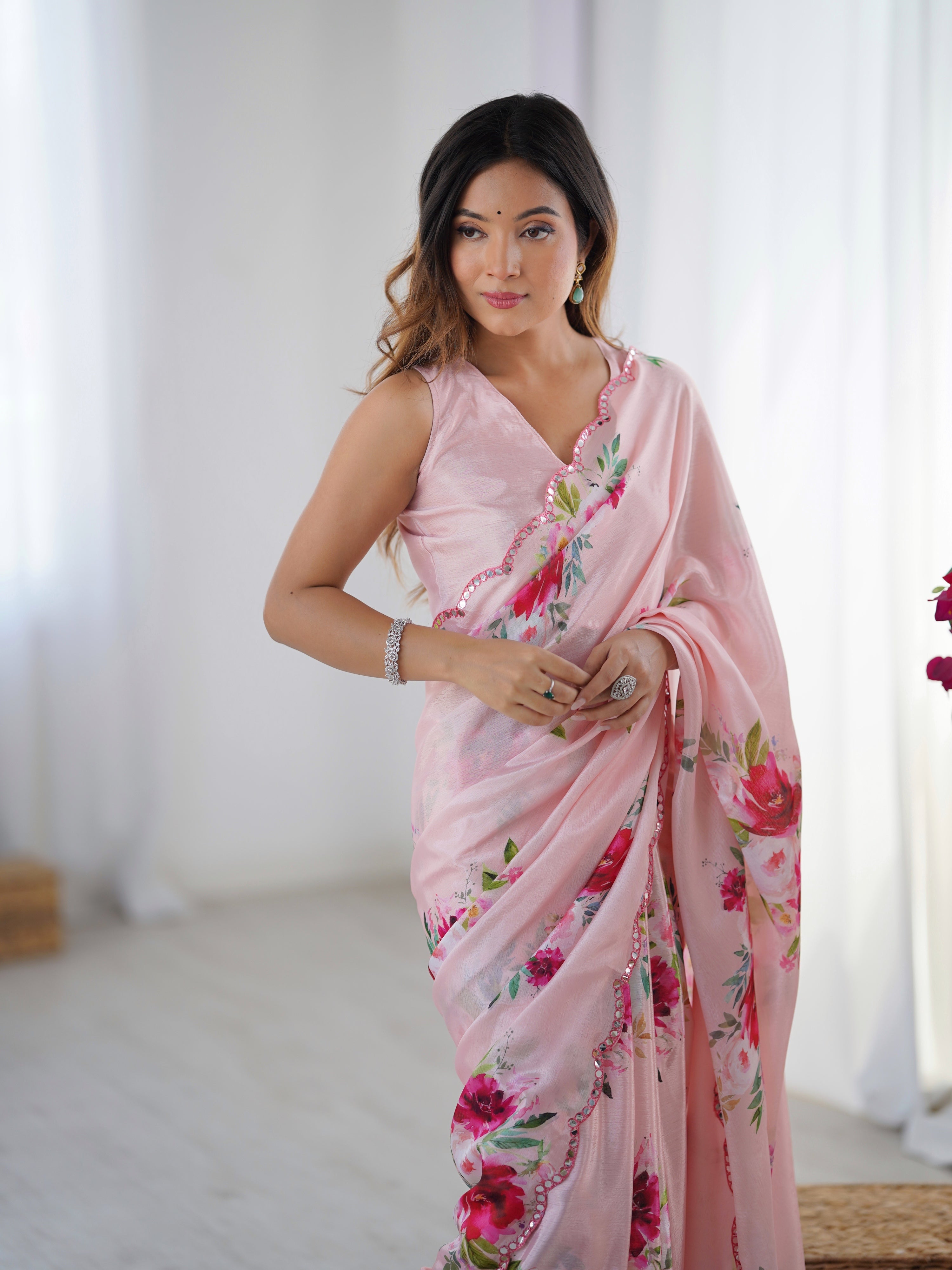 Jyoti Fashion Women's Baby Pink Chinon Digital Printed Designer Saree with Blouse