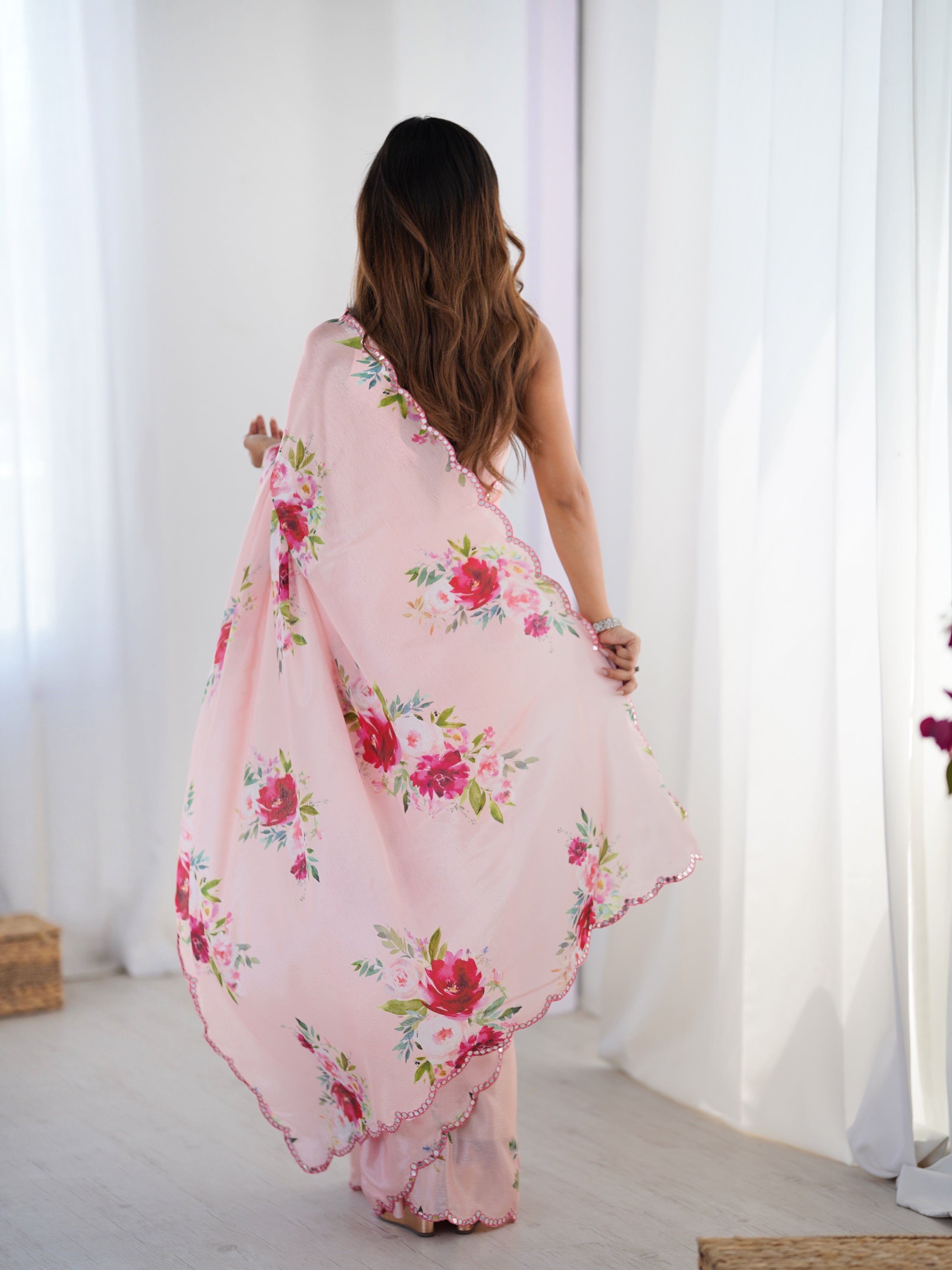 Jyoti Fashion Women's Baby Pink Chinon Digital Printed Designer Saree with Blouse