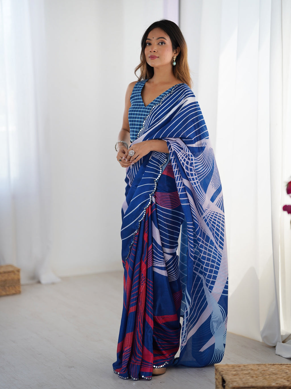 Jyoti Fashion Women's Blue Chinon Digital Printed Designer Saree with Blouse