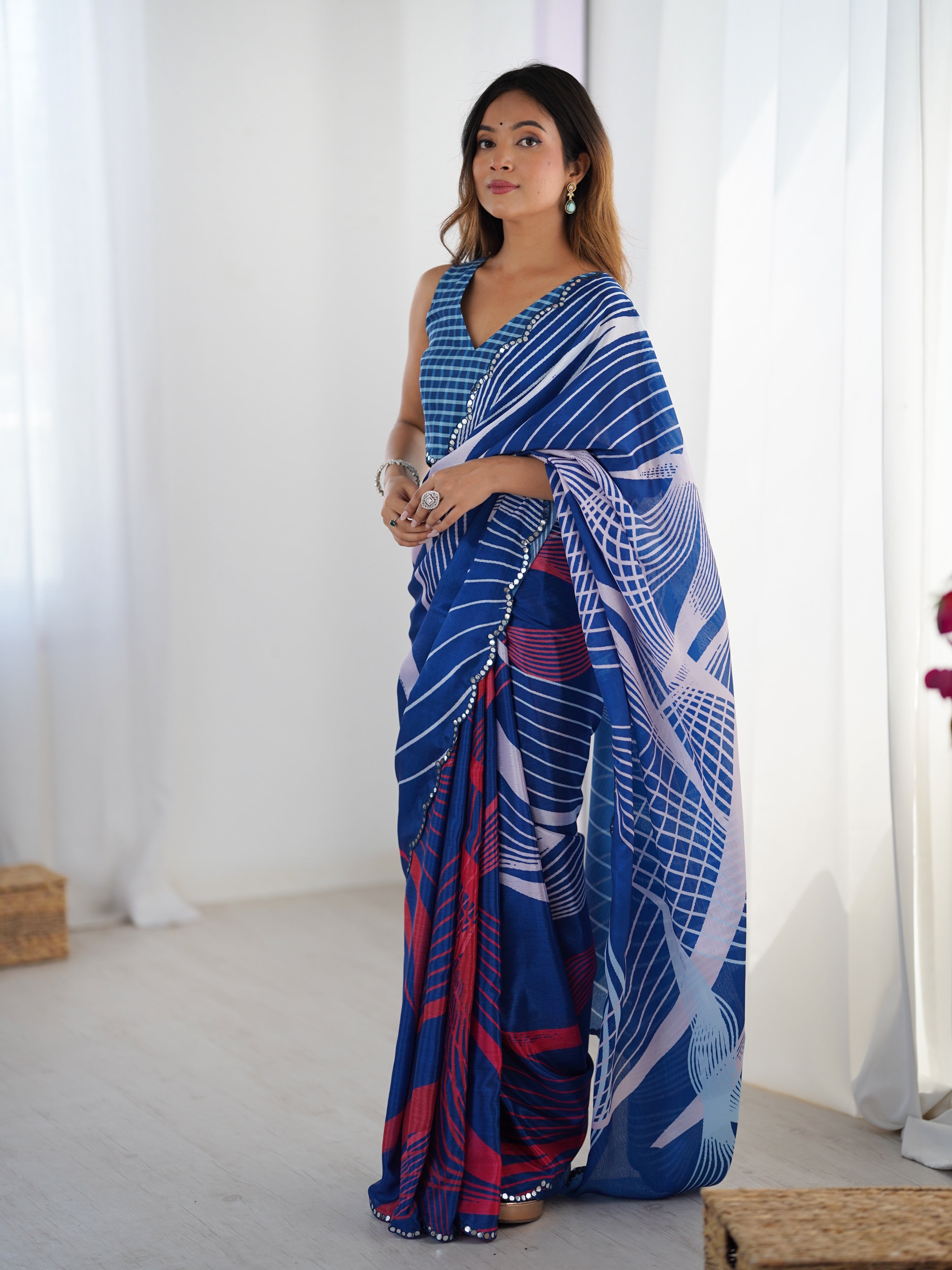 Jyoti Fashion Women's Blue Chinon Digital Printed Designer Saree with Blouse