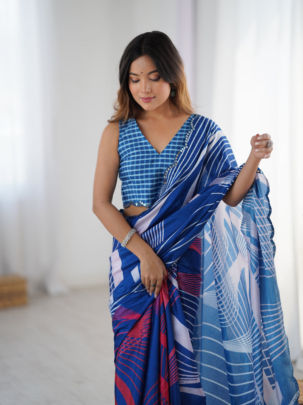 Jyoti Fashion Women's Blue Chinon Digital Printed Designer Saree with Blouse