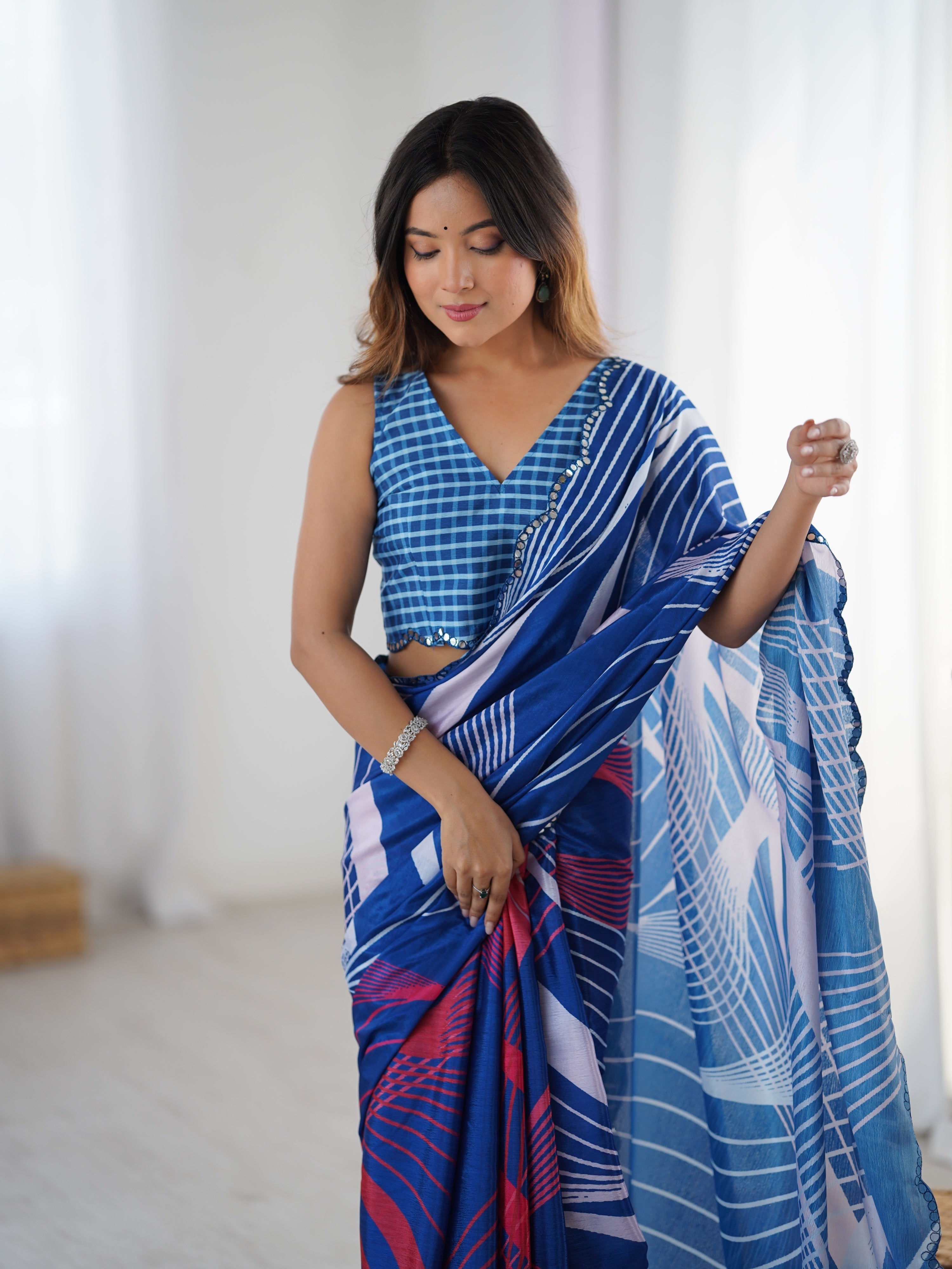 Jyoti Fashion Women's Blue Chinon Digital Printed Designer Saree with Blouse