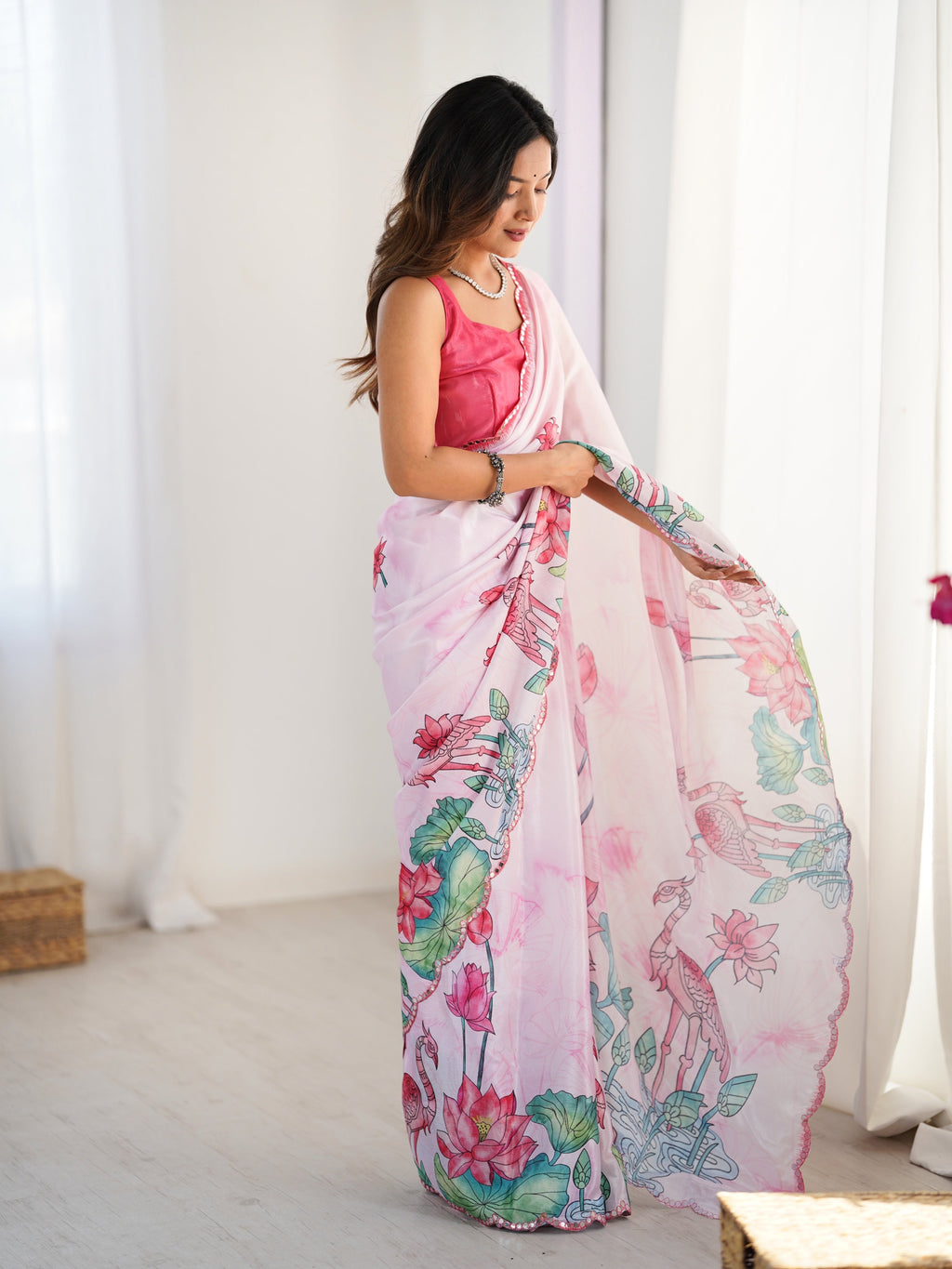 Jyoti Fashion Women's Pink Chinon Digital Printed Designer Saree with Blouse