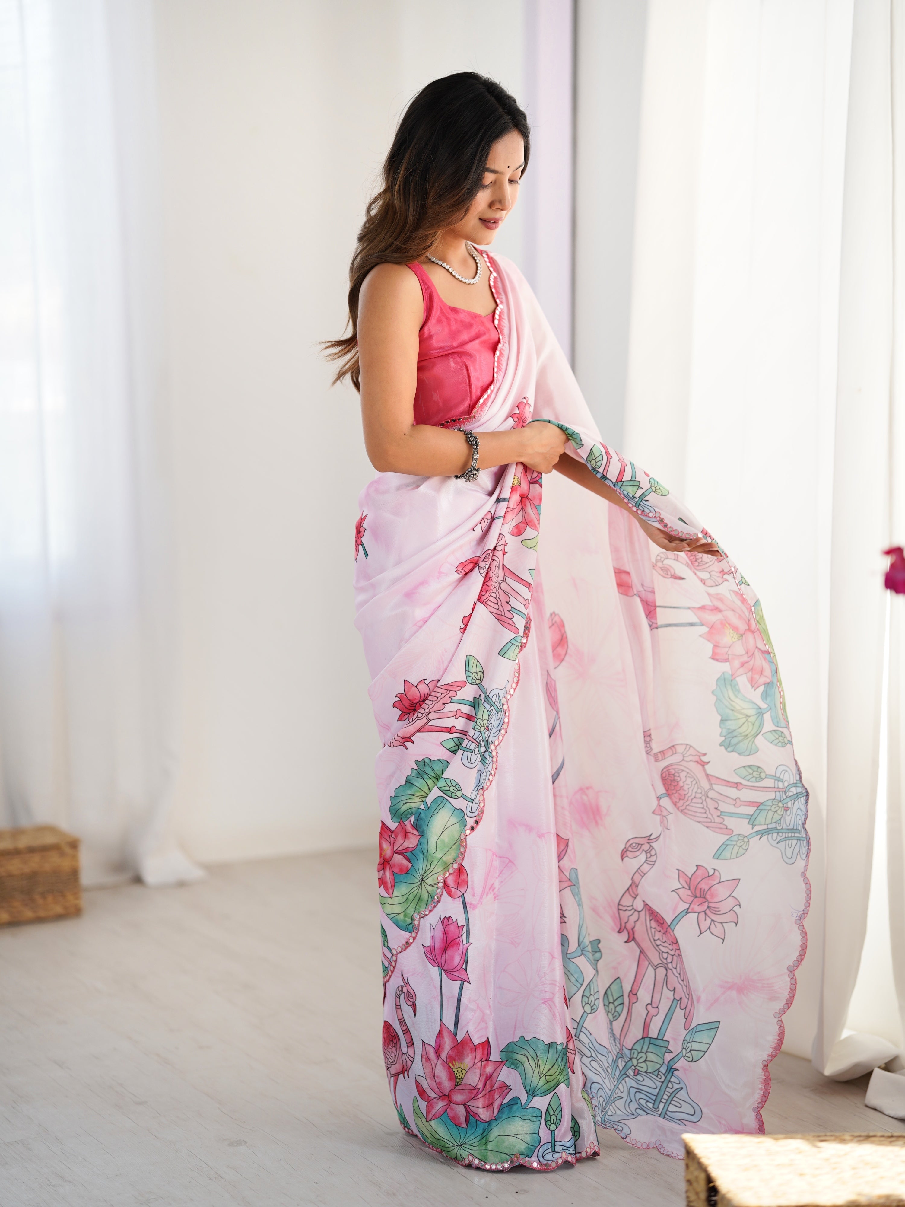 Jyoti Fashion Women's Pink Chinon Digital Printed Designer Saree with Blouse