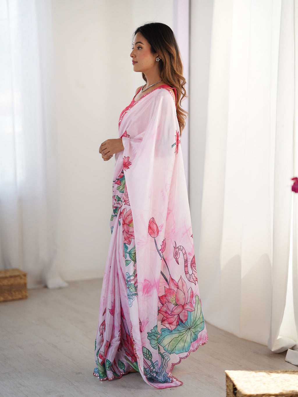 Jyoti Fashion Women's Pink Chinon Digital Printed Designer Saree with Blouse