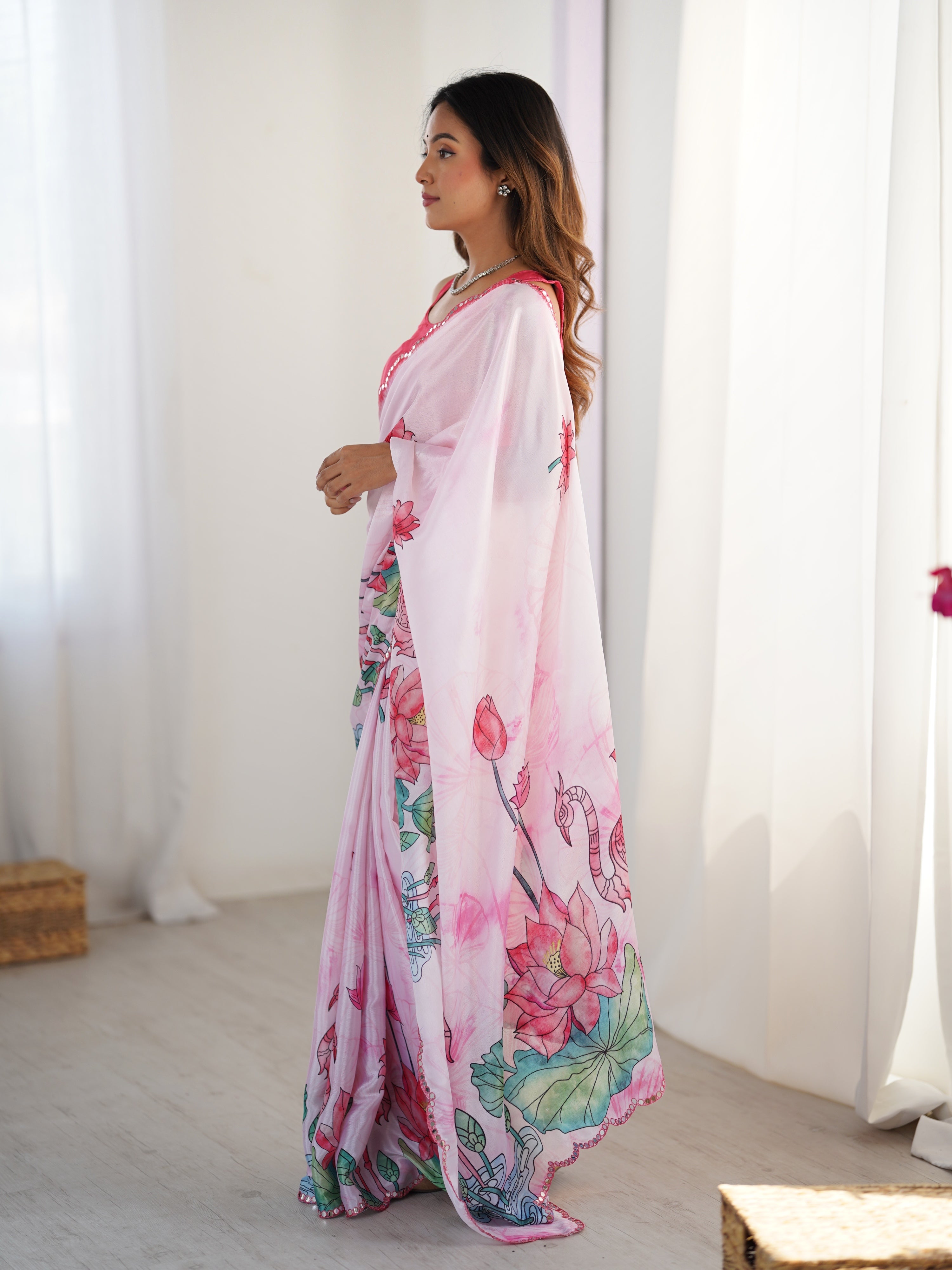 Jyoti Fashion Women's Pink Chinon Digital Printed Designer Saree with Blouse