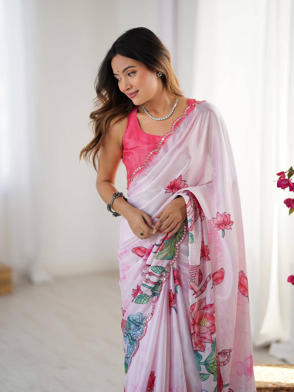 Jyoti Fashion Women's Pink Chinon Digital Printed Designer Saree with Blouse