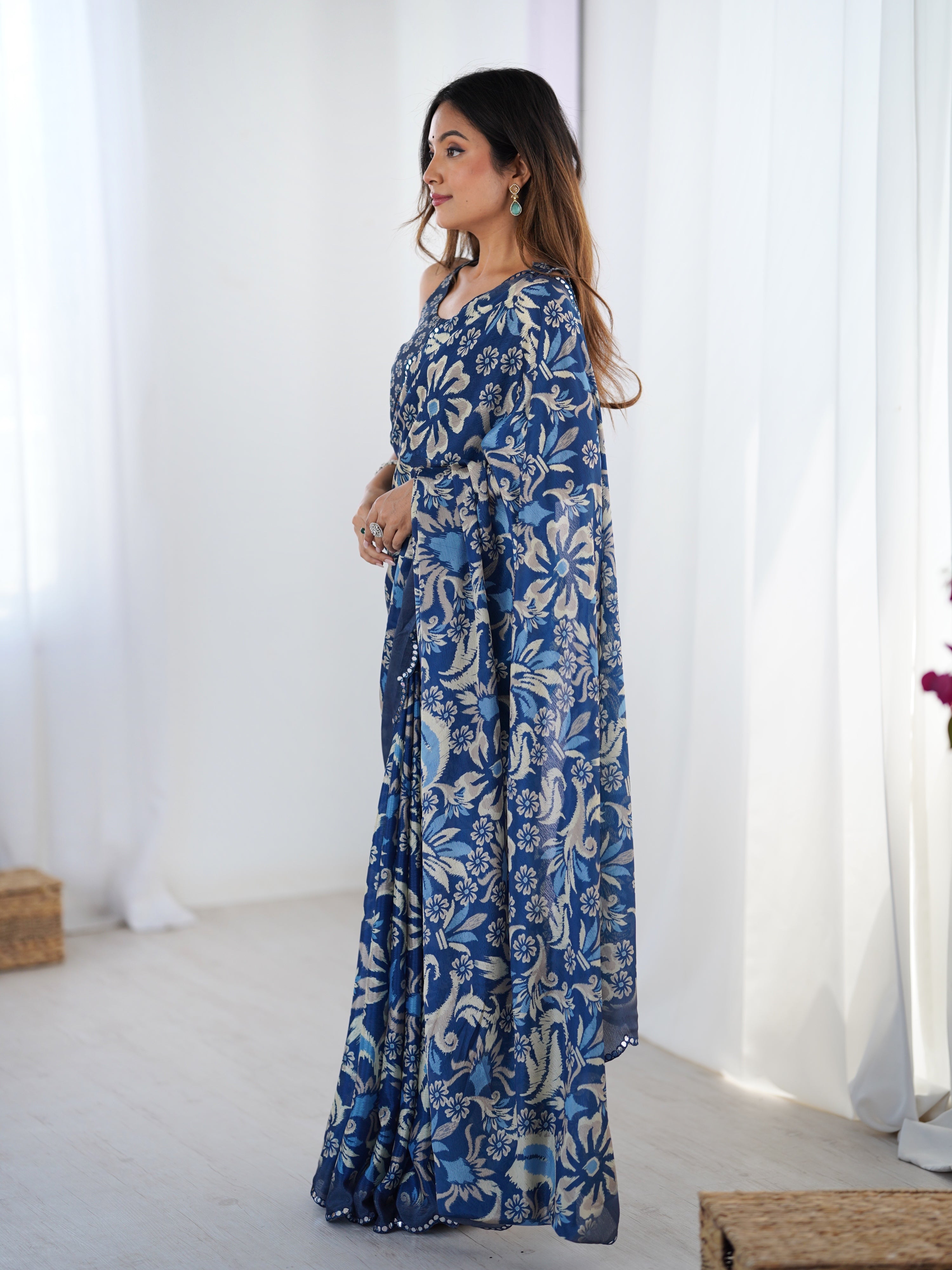 Jyoti Fashion Women's Navy Blue Chinon Digital Printed Designer Saree with Blouse
