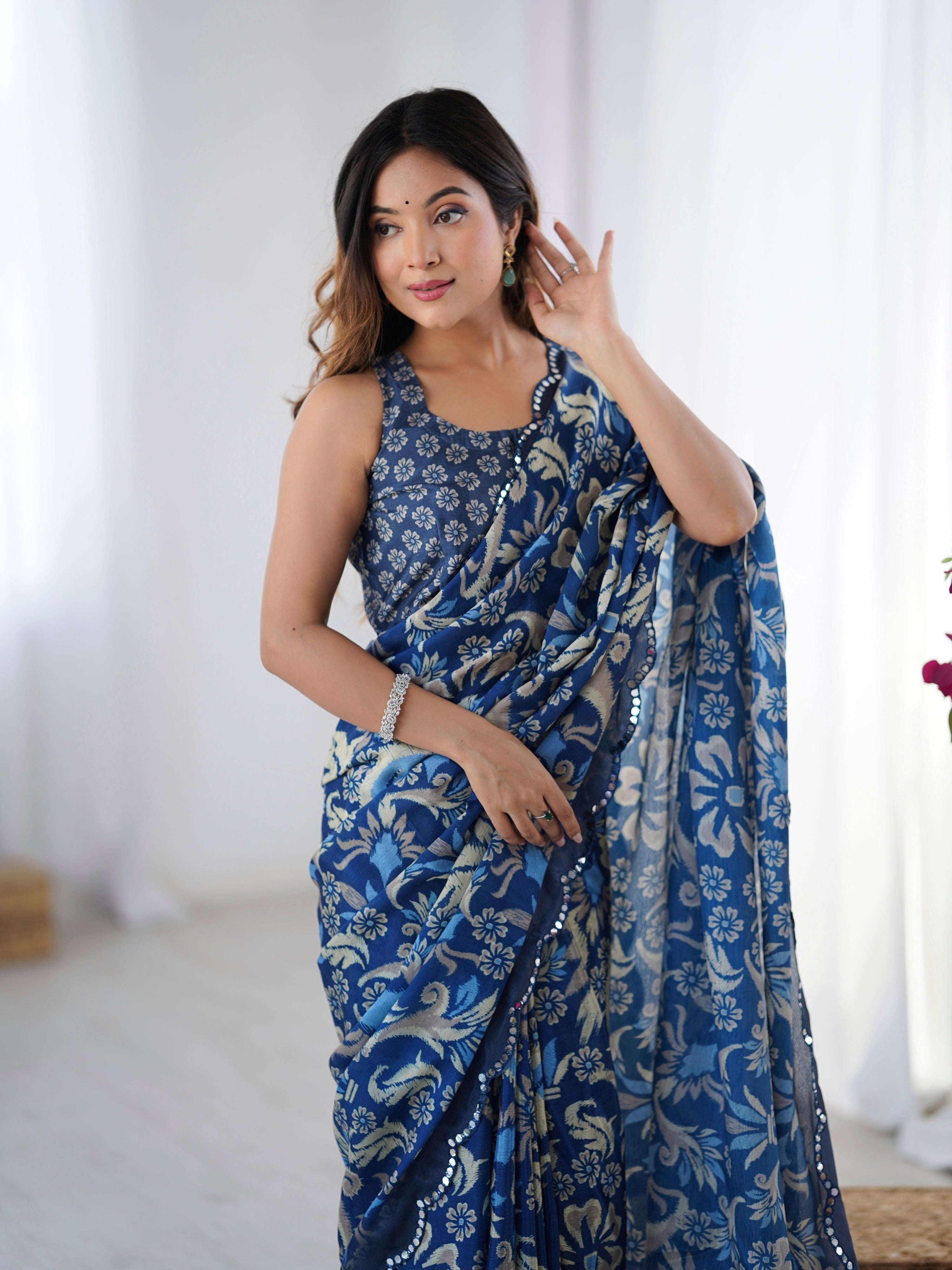 Jyoti Fashion Women's Navy Blue Chinon Digital Printed Designer Saree with Blouse