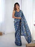Jyoti Fashion Women's Navy Blue Chinon Digital Printed Designer Saree with Blouse