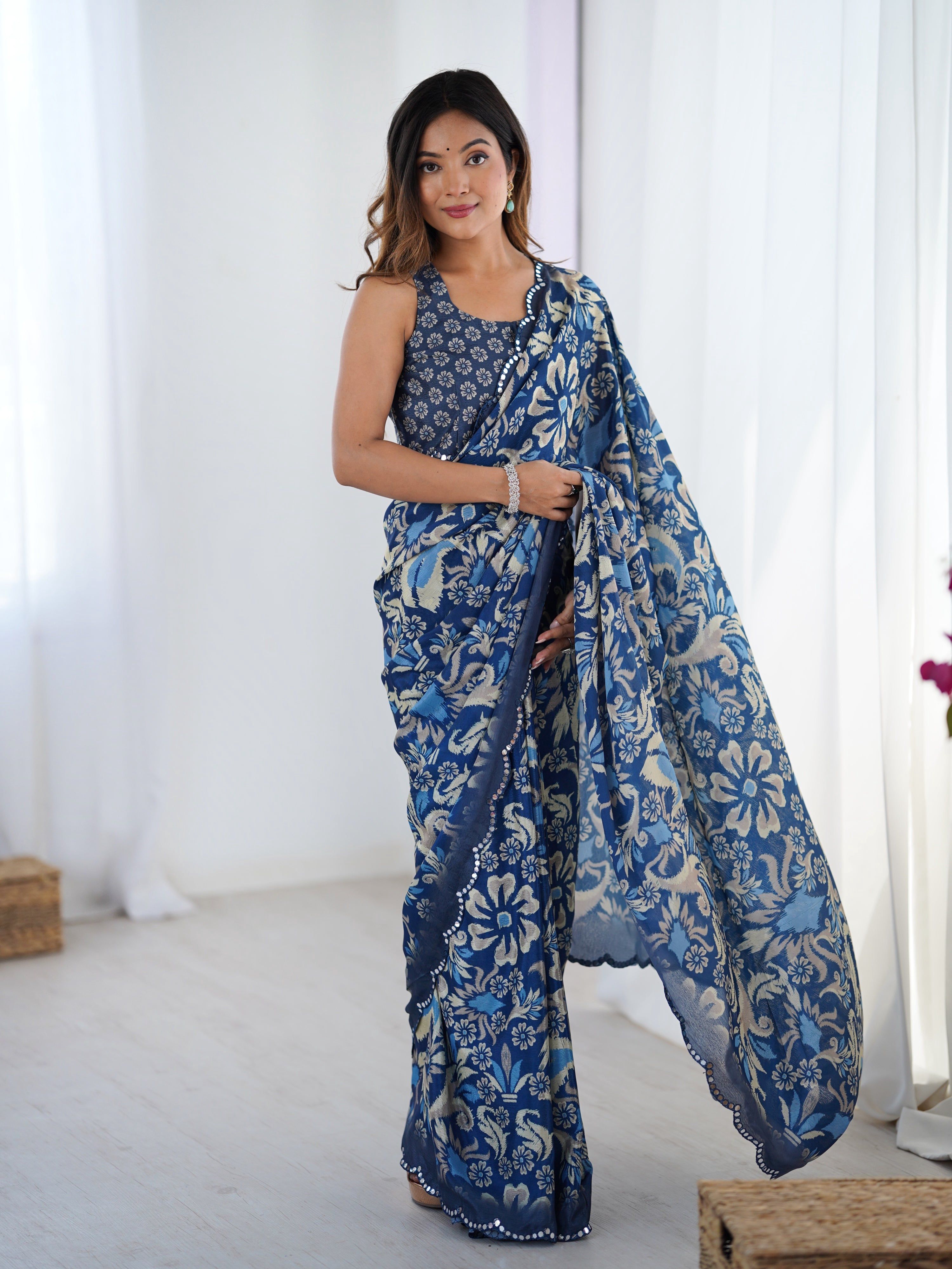 Jyoti Fashion Women's Navy Blue Chinon Digital Printed Designer Saree with Blouse