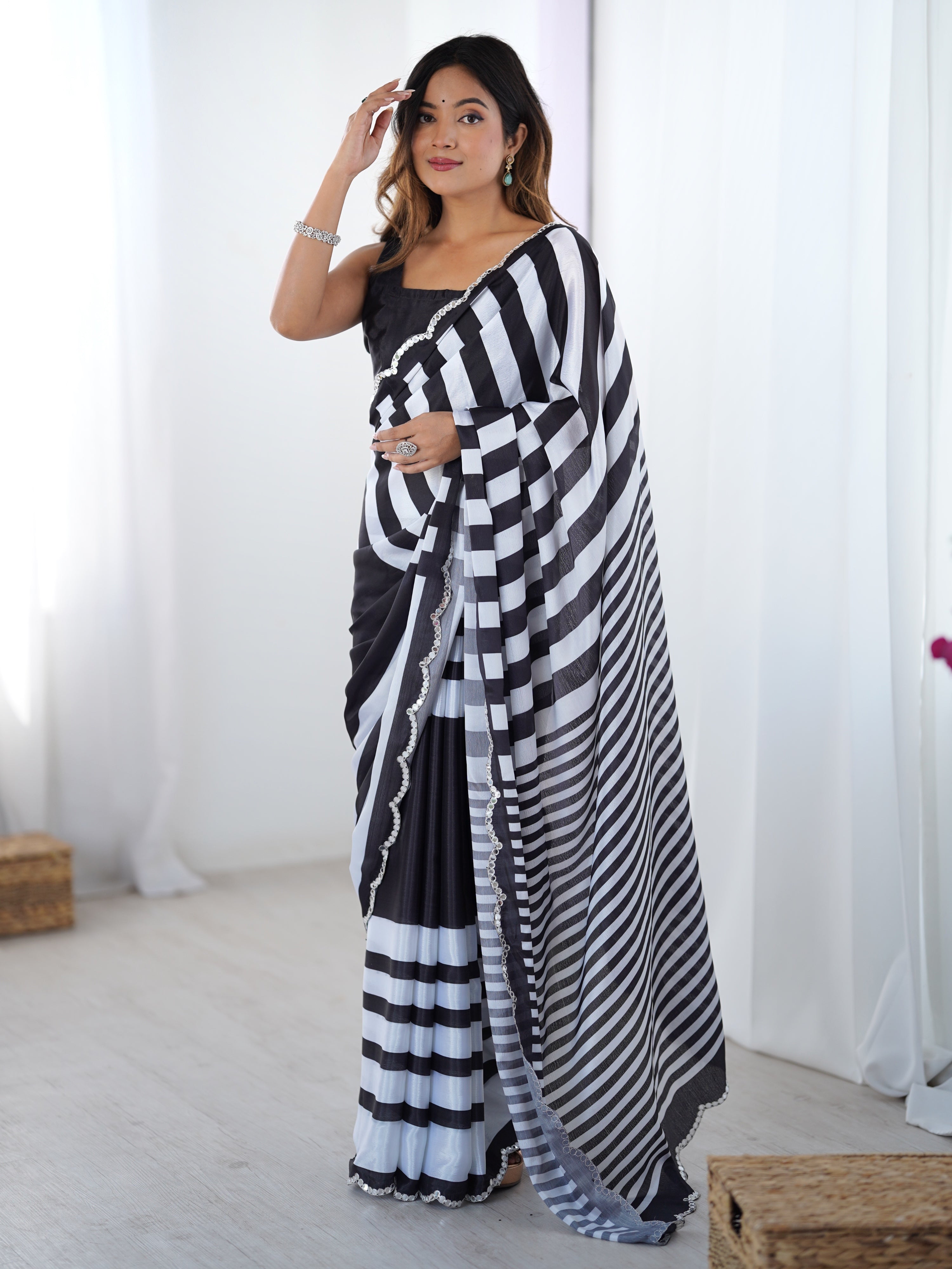 Jyoti Fashion Women's Black Chinon Digital Printed Designer Saree with Blouse