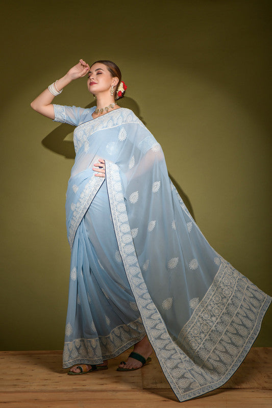 Jyoti Fashion Women's Sky Blue Lakhnavi Thread work Georgette Saree with Blouse