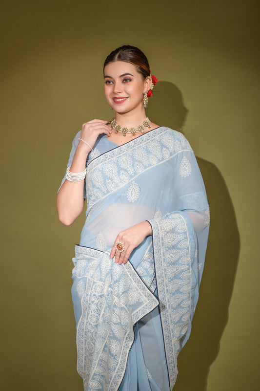 Jyoti Fashion Women's Sky Blue Lakhnavi Thread work Georgette Saree with Blouse