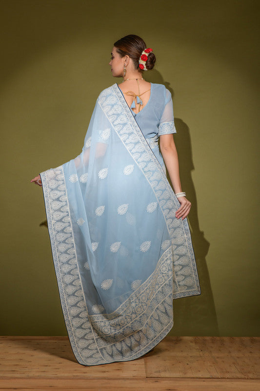 Jyoti Fashion Women's Sky Blue Lakhnavi Thread work Georgette Saree with Blouse